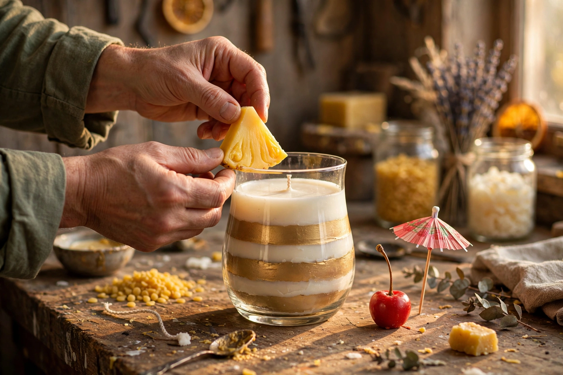 Placing a wax pineapple wedge and wax cherry on the rim of a finished layered cocktail candle with a paper cocktail umbrella