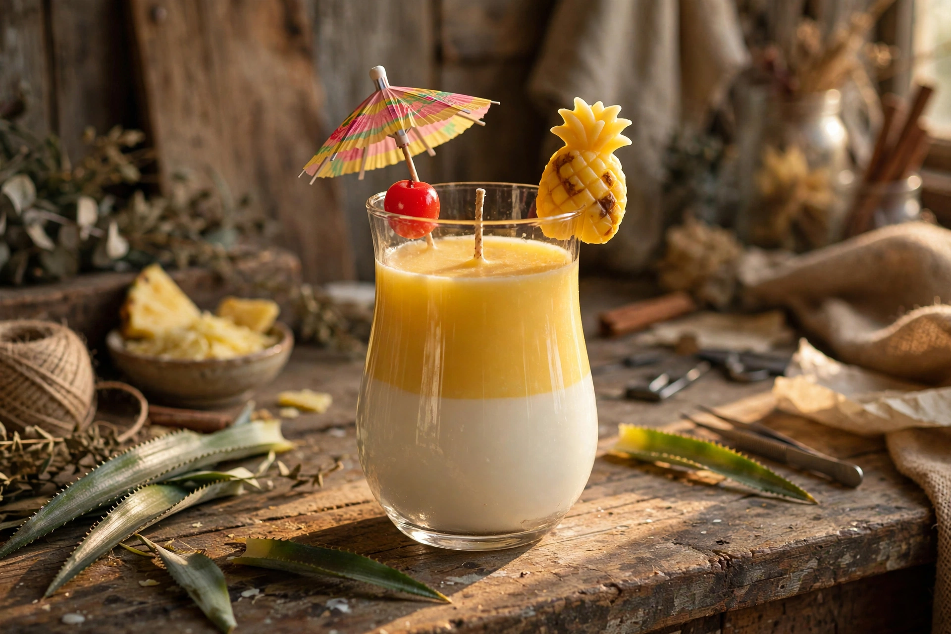 Finished piña-colada candle in a hurricane glass: creamy white and golden layered wax with a wax pineapple wedge, wax cherry, and paper cocktail umbrella on a rustic workbench