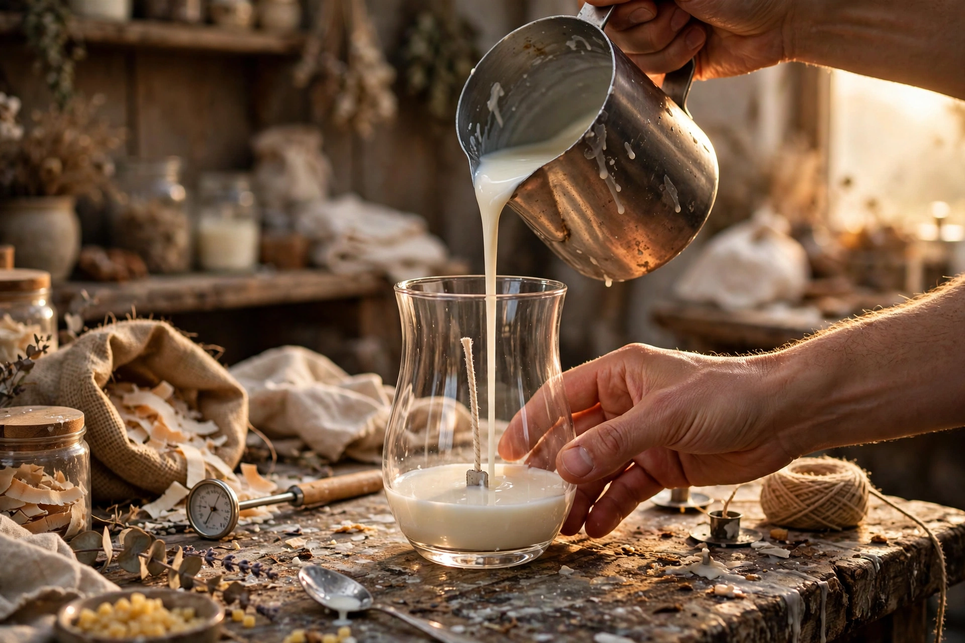 Pouring creamy white wax into a wicked hurricane glass to form the first coconut layer