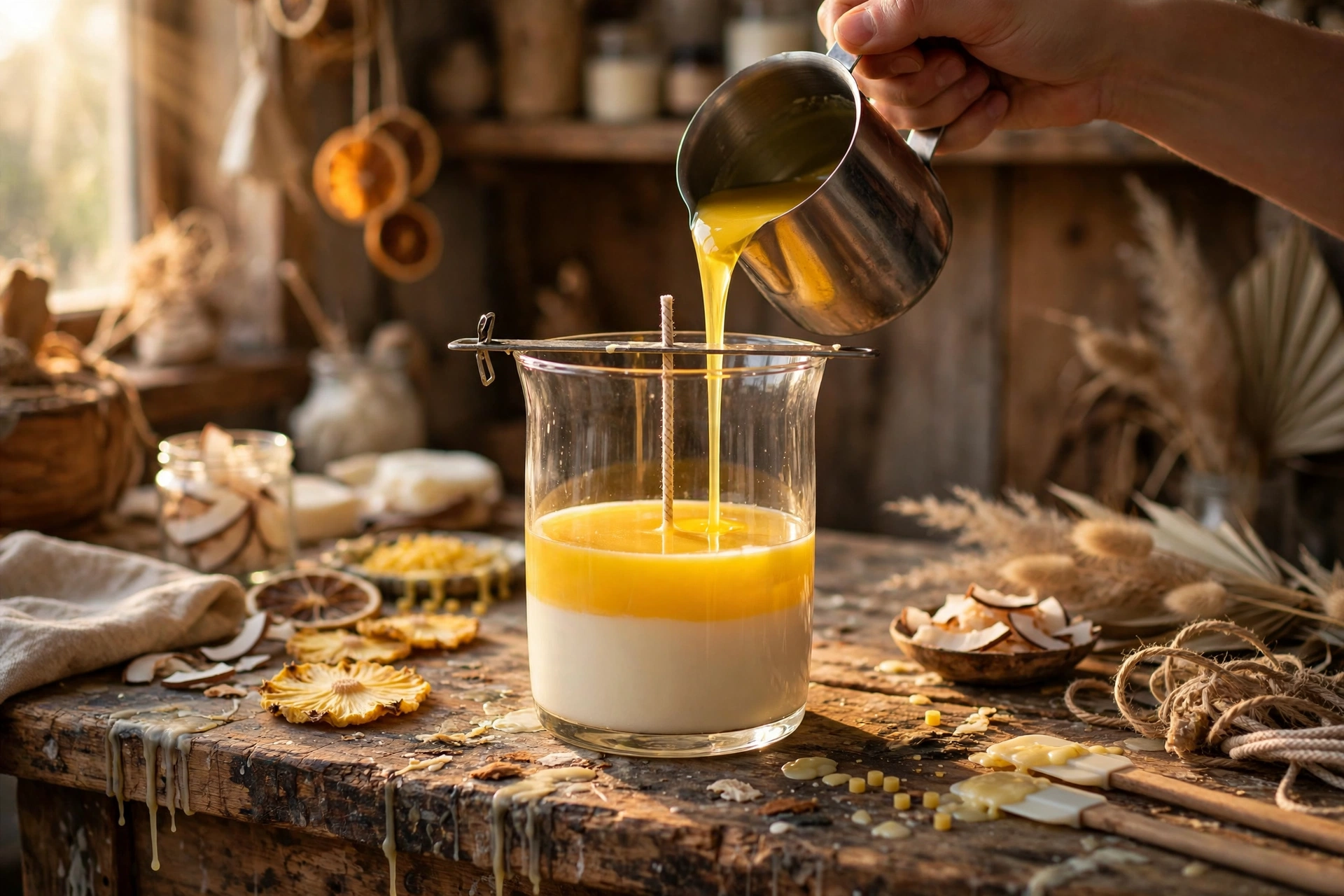 Pouring golden yellow wax over the set creamy white layer for a crisp two-tone cocktail look