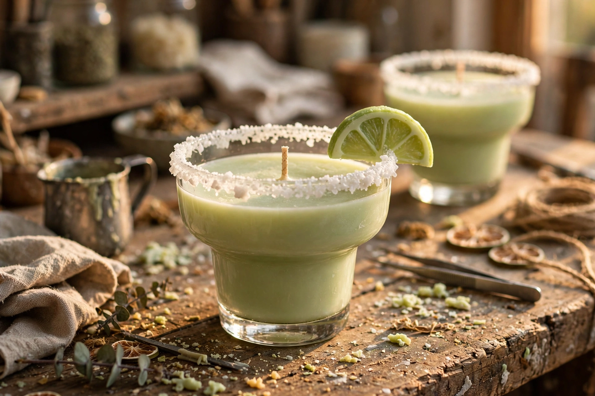Margarita-style candle in a short glass with pale green wax, coarse wax salt crystals on the rim, and a green wax lime wedge