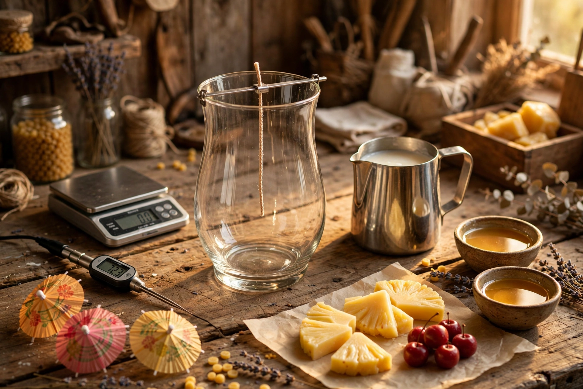 Wicked hurricane glass with wick holder centered, surrounded by wax pitchers, thermometer, and wax garnish materials on a rustic workbench