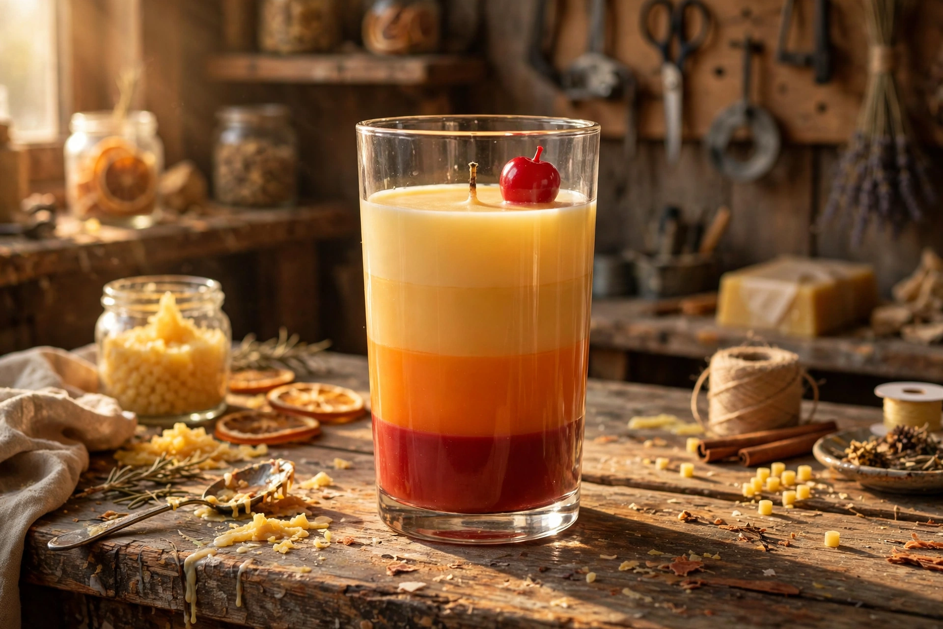 Tequila-sunrise gradient candle in a tall glass: red, orange, and golden yellow layers topped with a red wax cherry