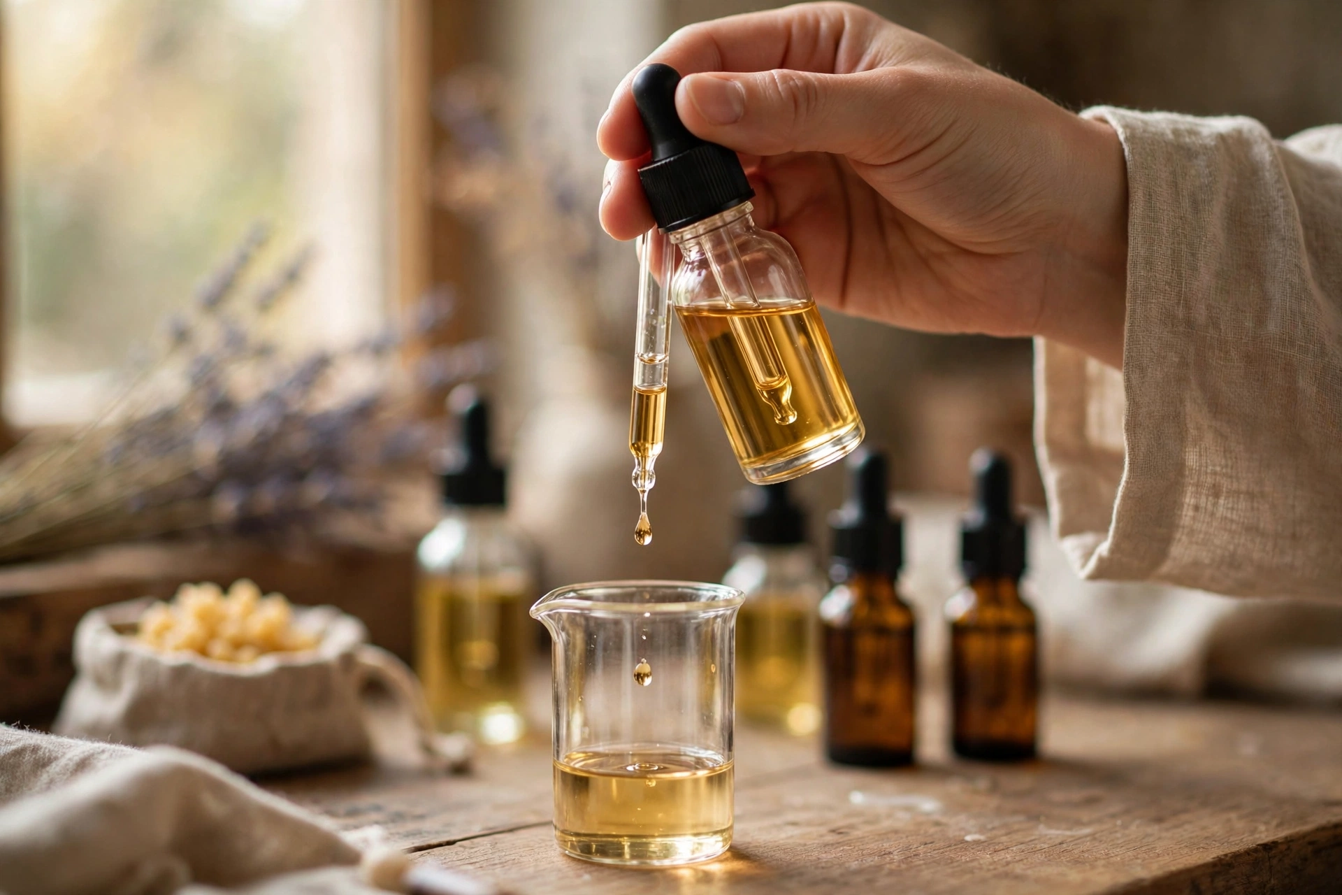 Adding fragrance oil drops to a beaker