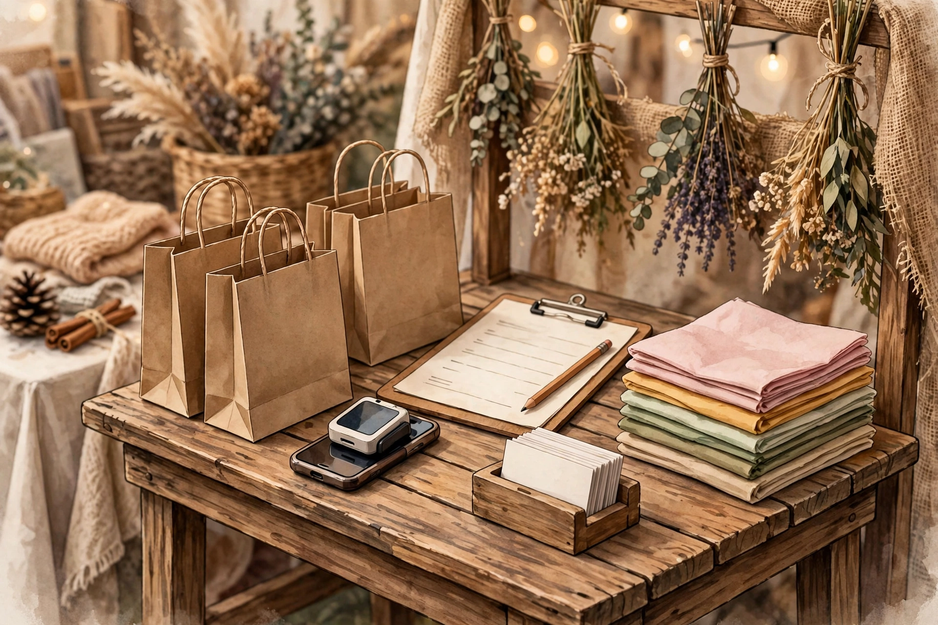 Vendor booth checkout setup with bags, card reader, and email signup