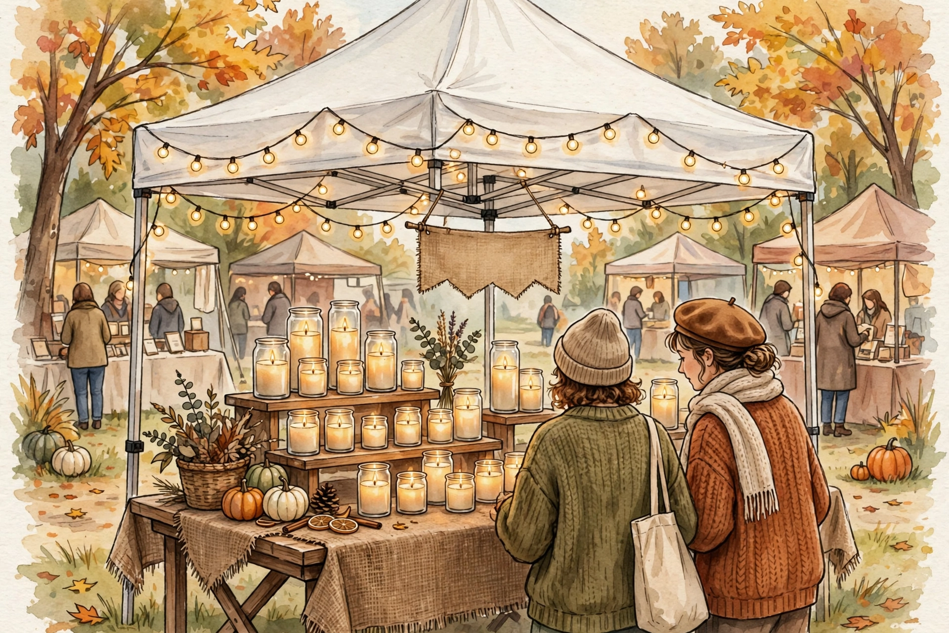 Candle vendor booth with canopy tent at a craft fair