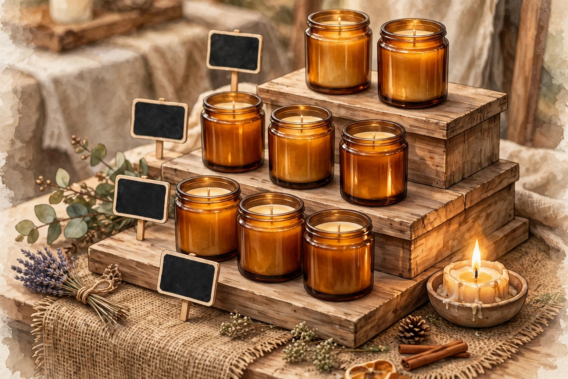Candle display with tiered wooden risers and price signs