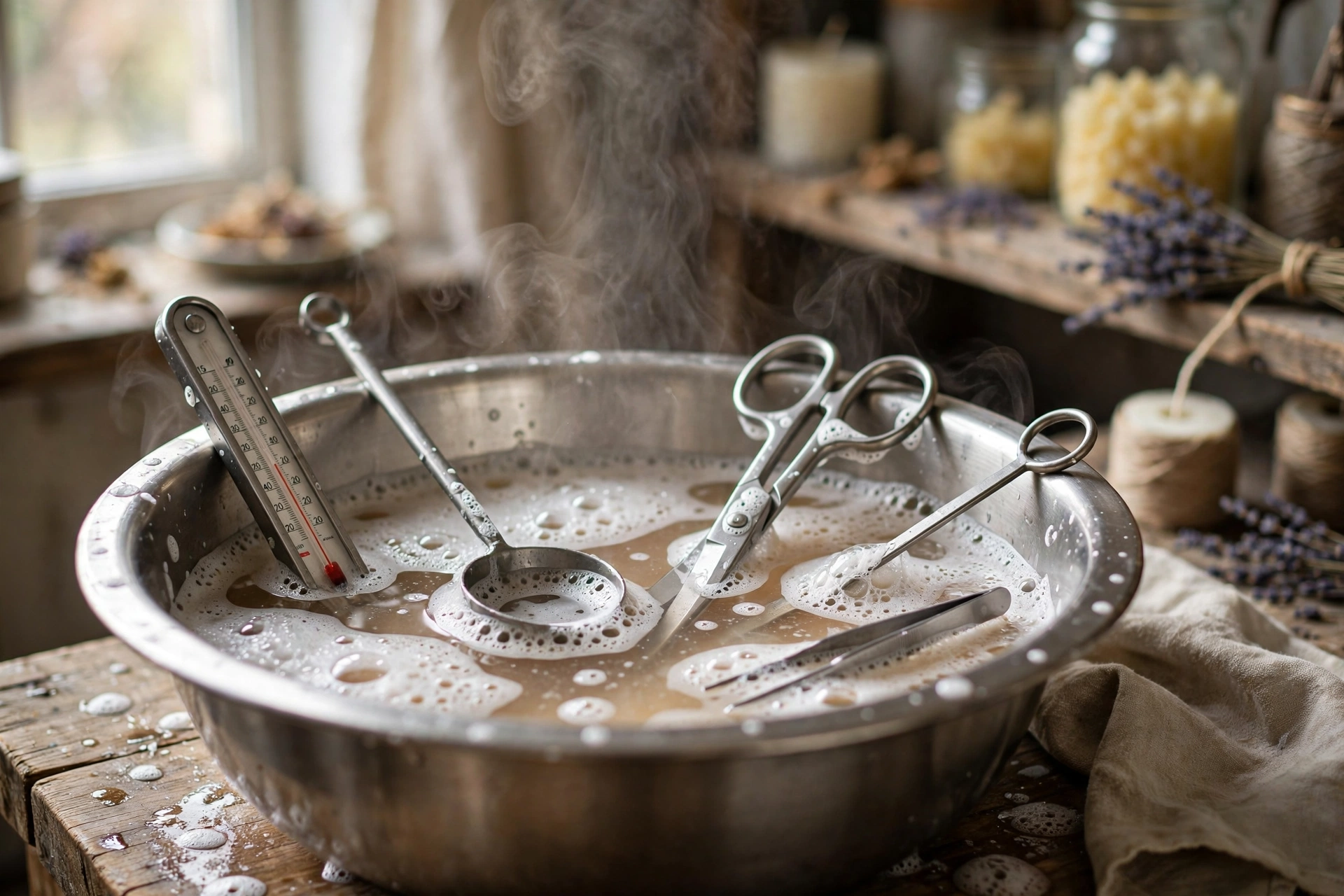 Tools soaking in soapy water