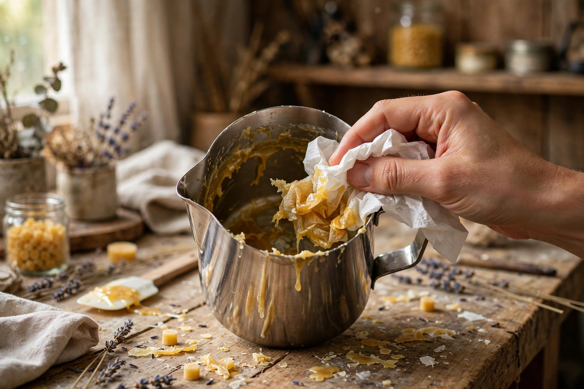 Wiping wax from a pouring pitcher