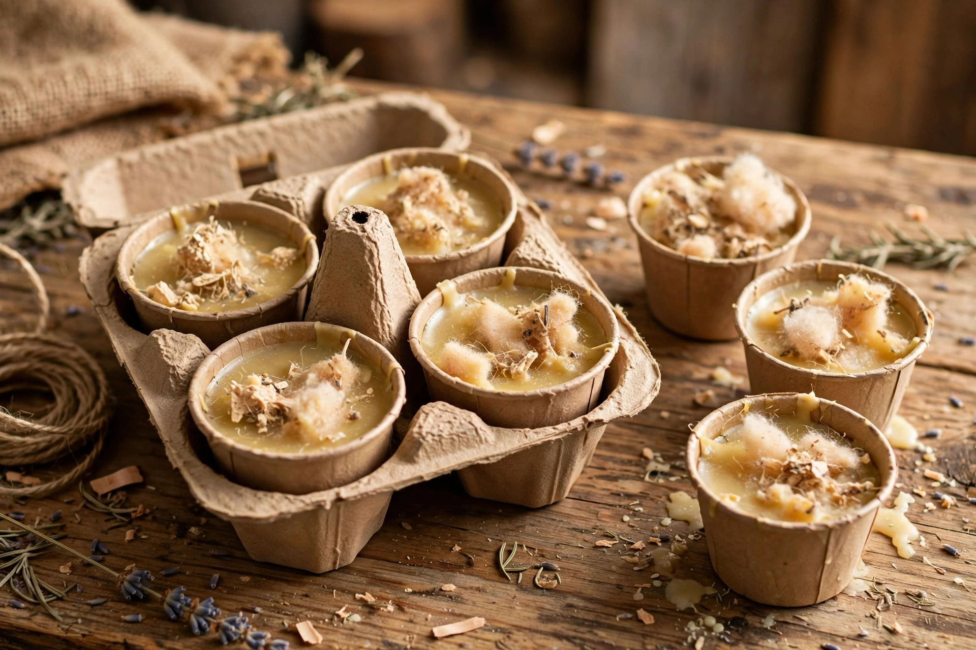 Homemade wax fire starters in an egg carton