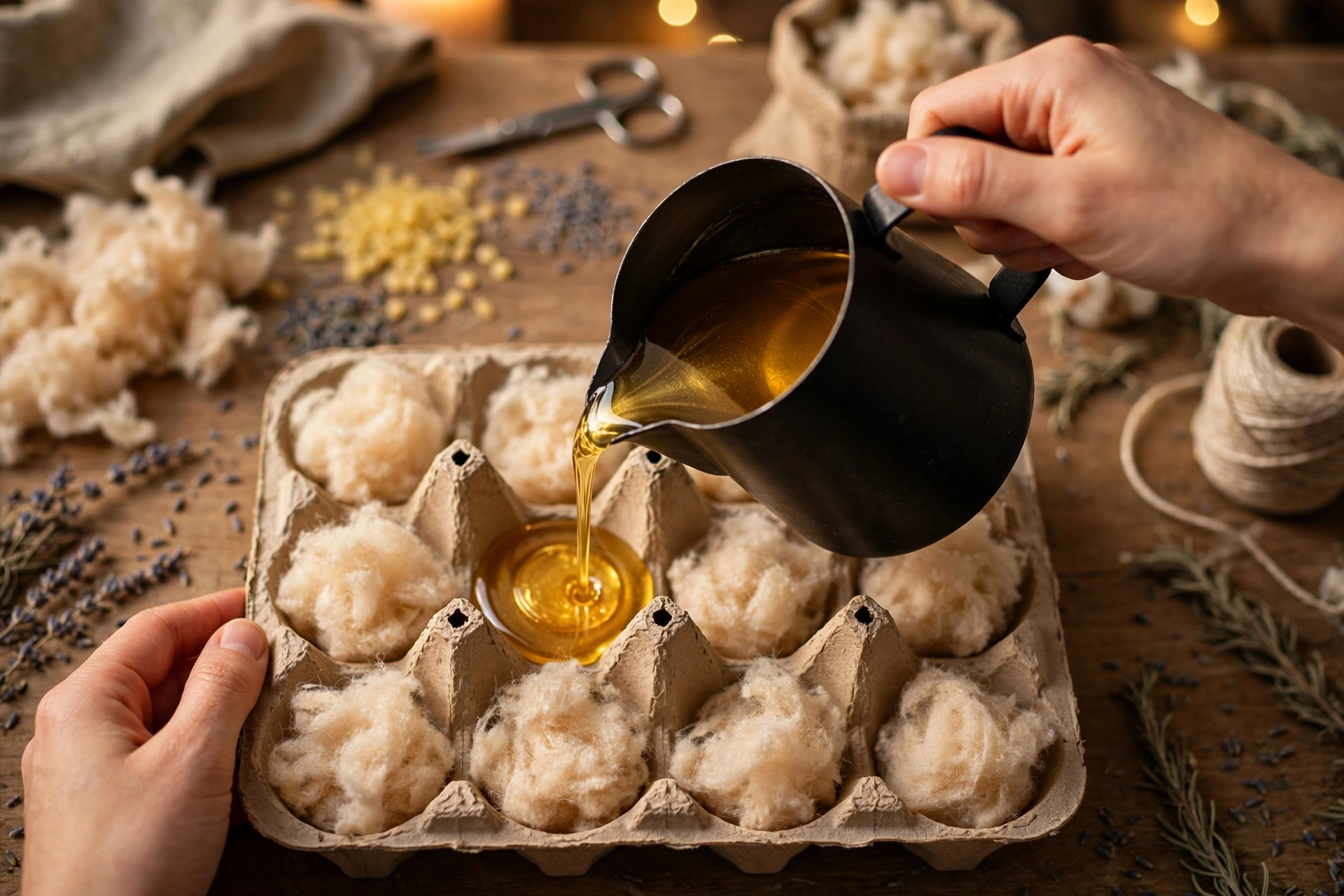 Pouring melted wax into egg carton cups