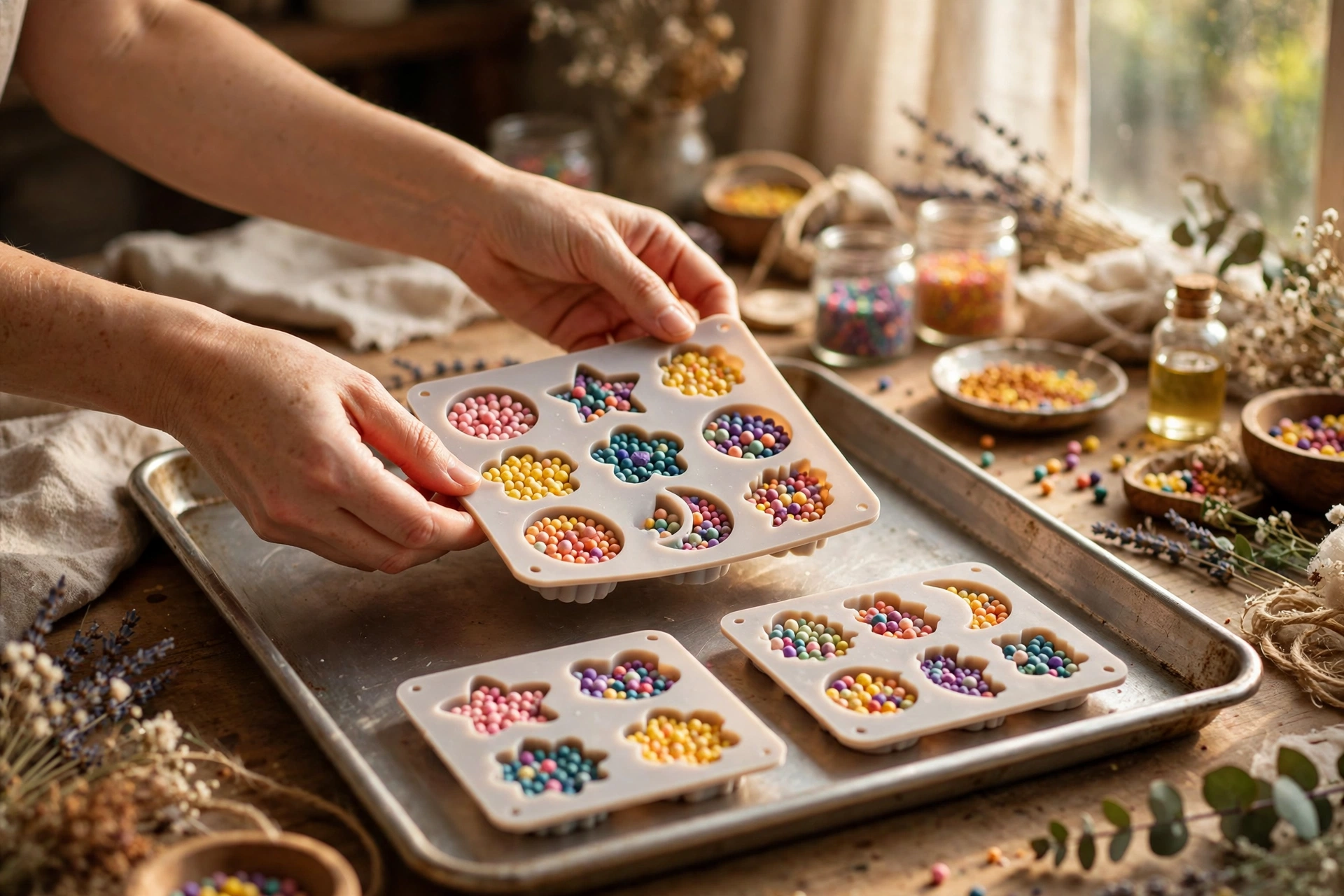 Bead-filled molds on a baking sheet
