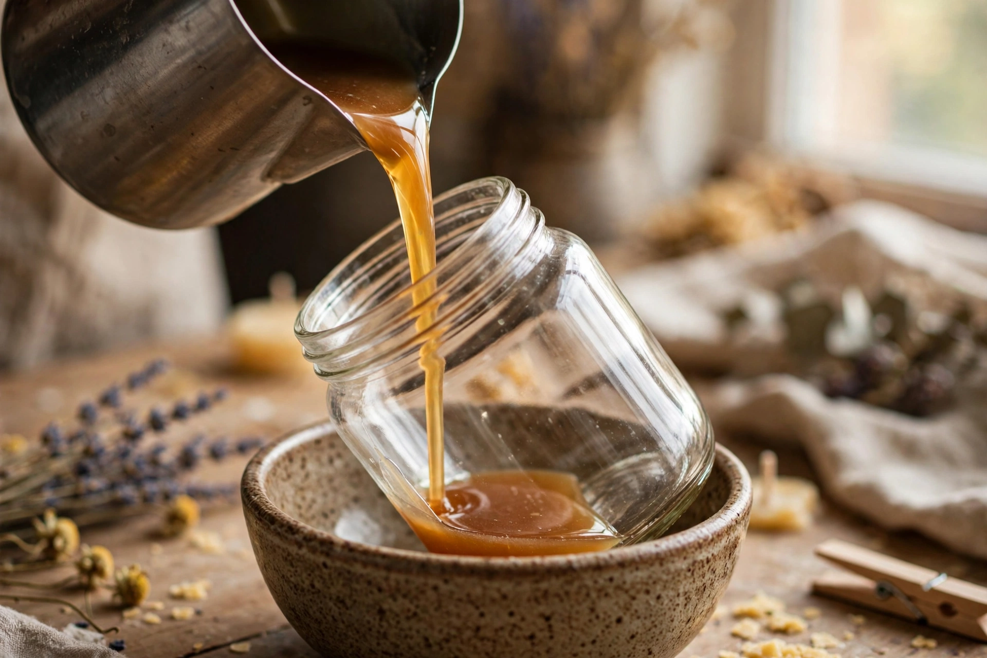 Pouring wax into a tilted jar
