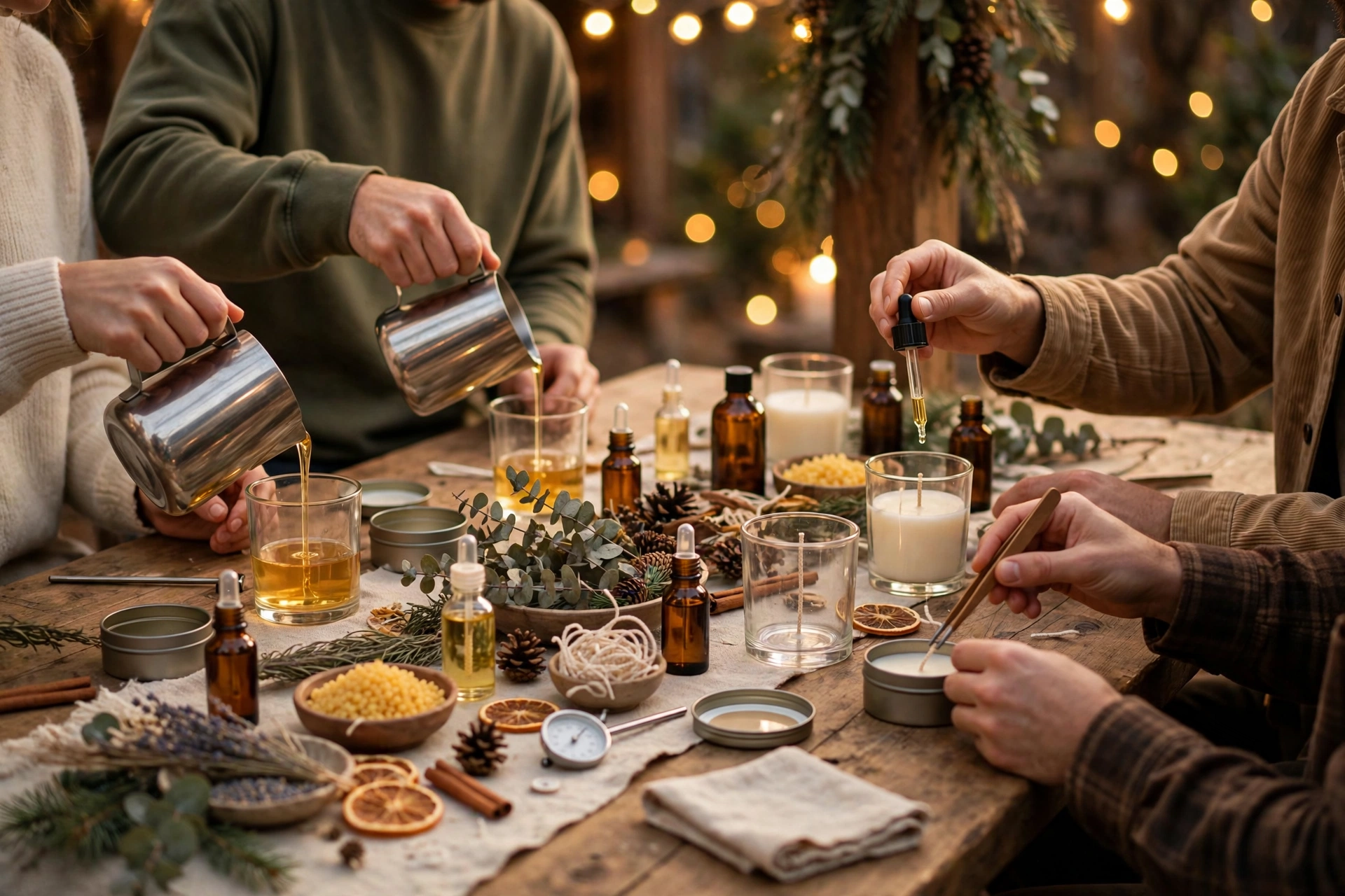 Friends making candles together at a party table