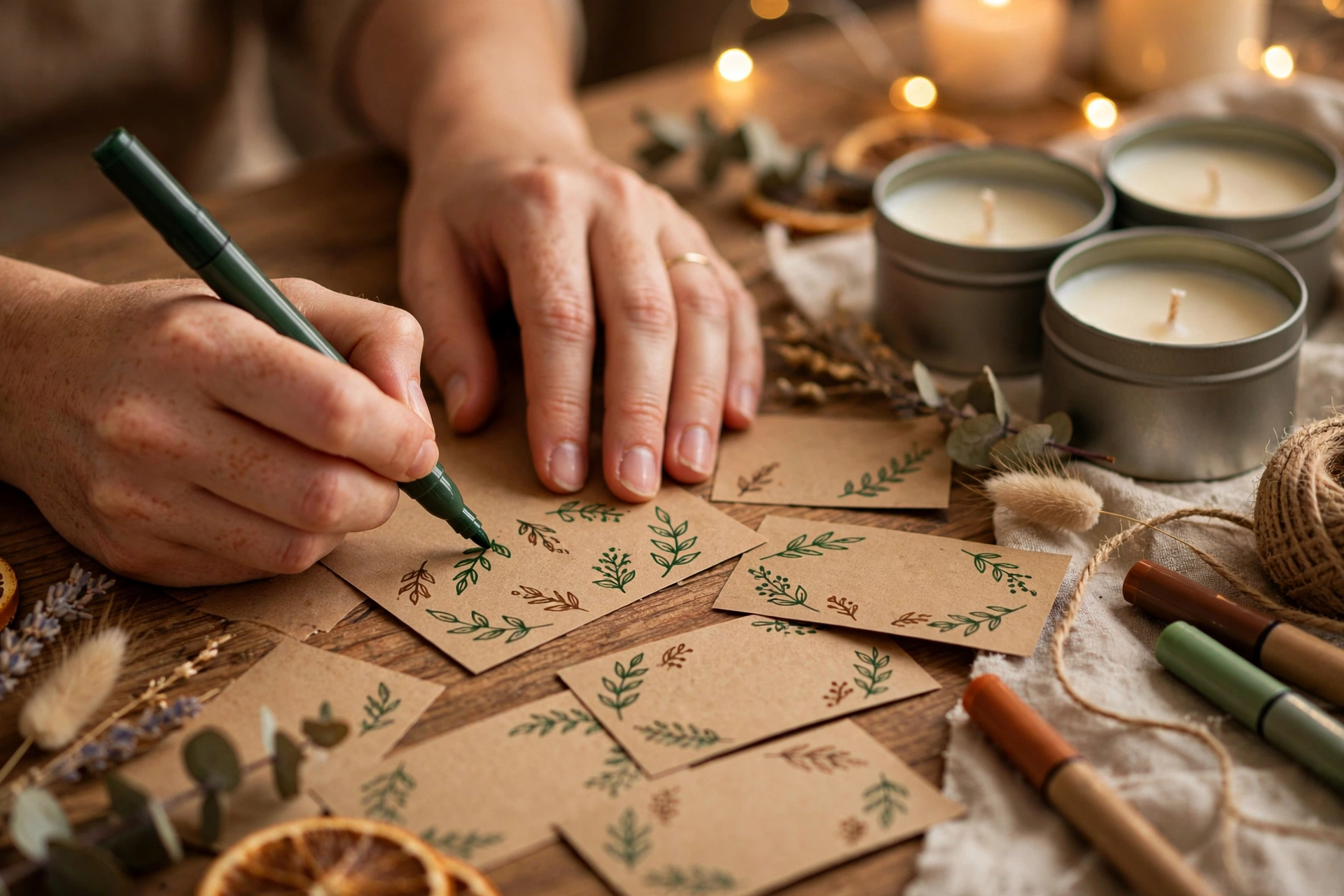 Guests decorating custom candle labels at a party