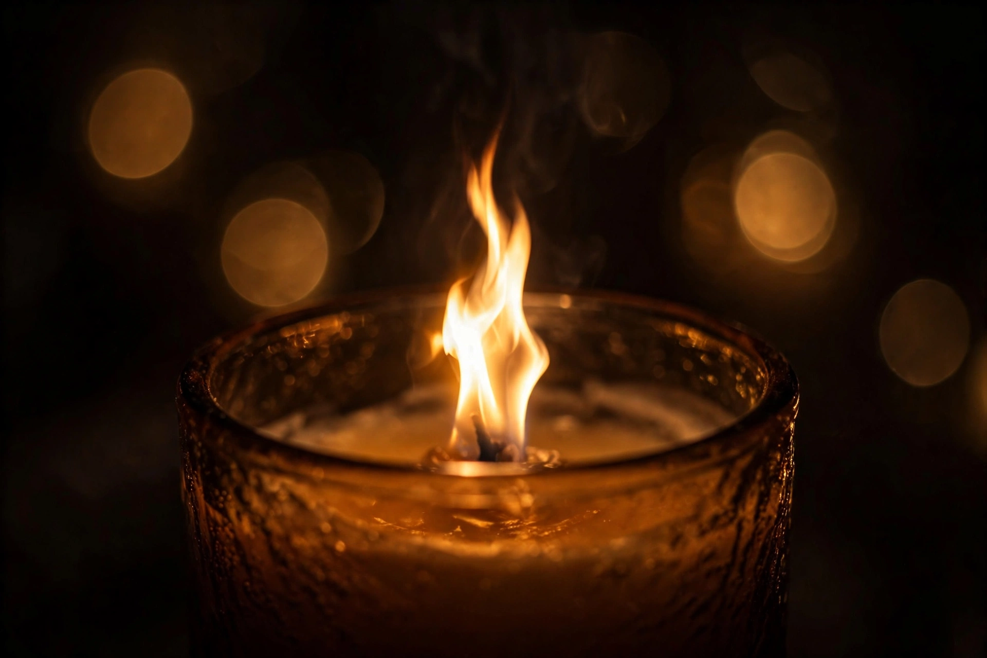 Lit candle flame photographed in a dark room