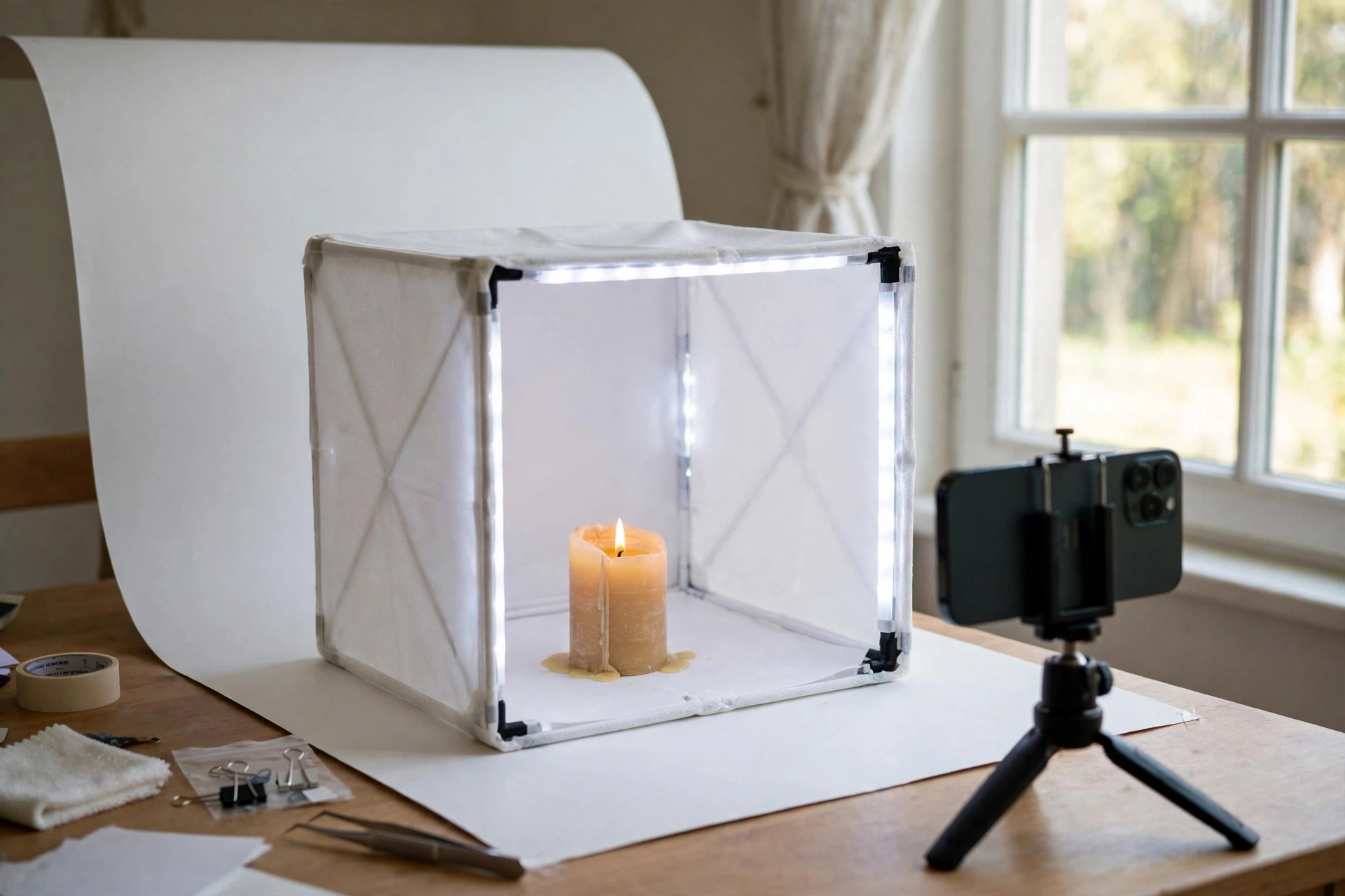 Candle photo setup with light box and backdrop