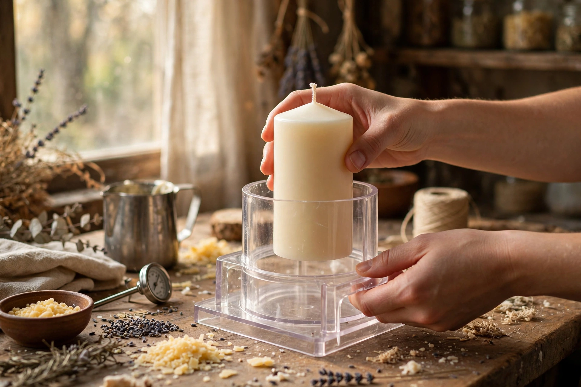 Removing a finished pillar candle from its mold