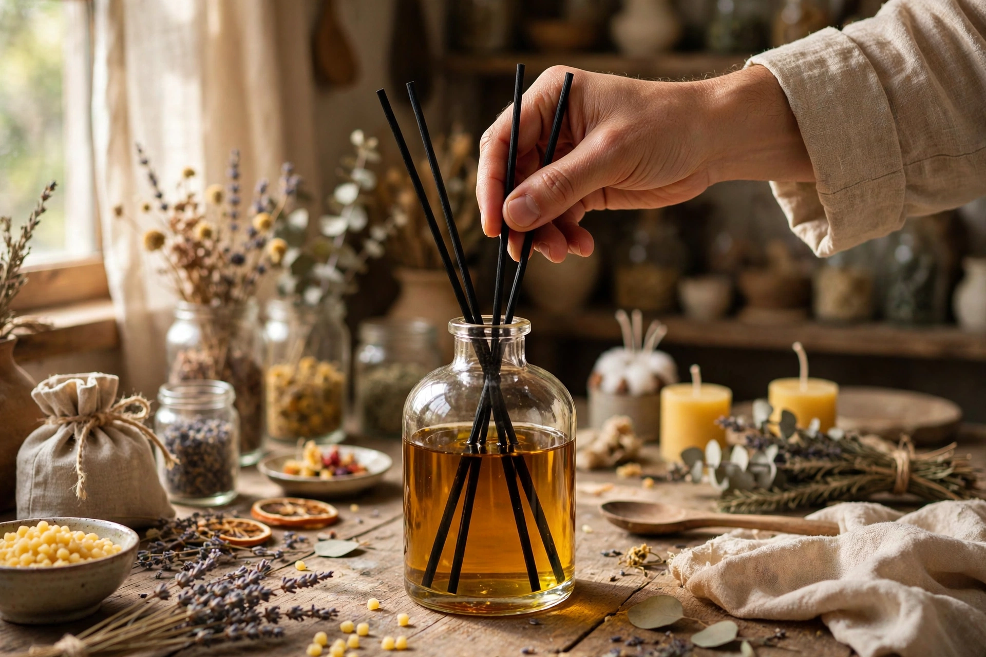 Inserting reeds into a diffuser bottle