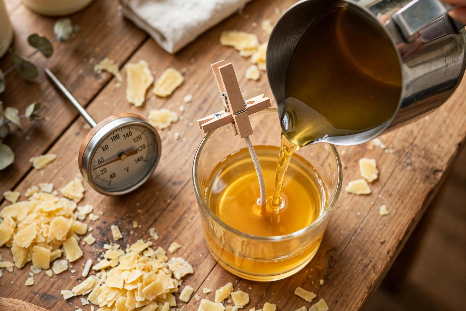 Pouring soy wax into a candle jar