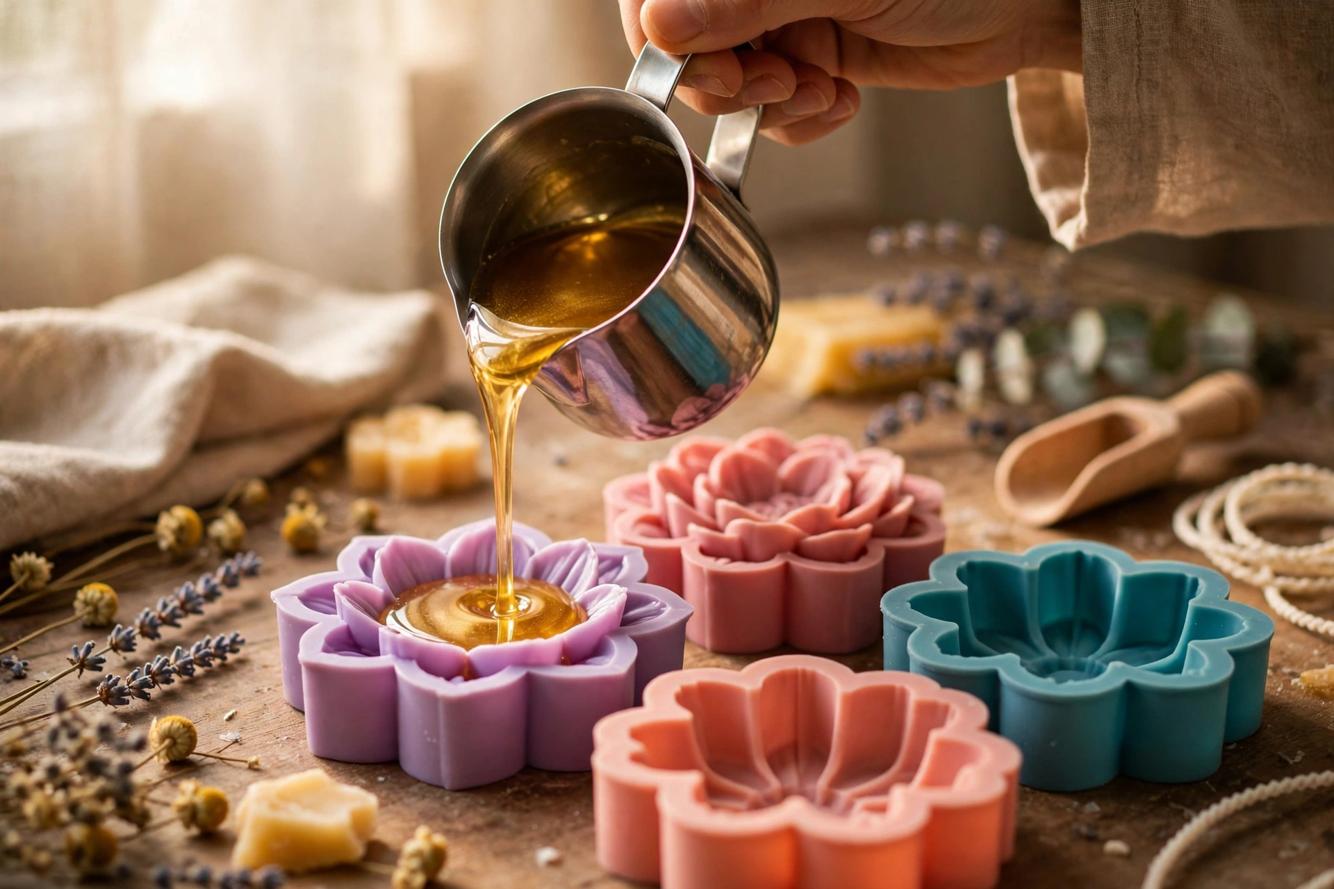 Pouring wax into silicone molds