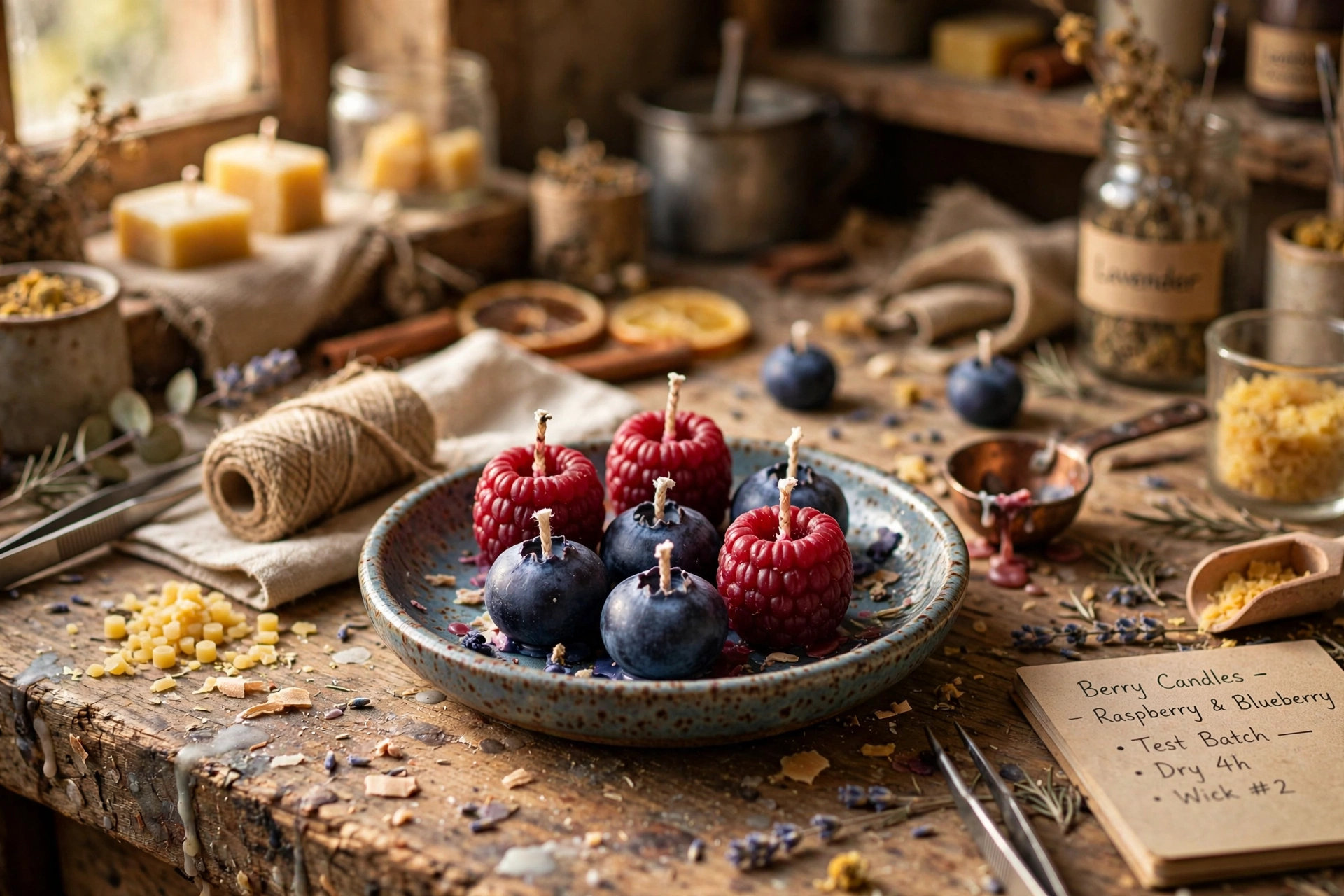 Handmade red and dark-blue wax berry embeds in a small ceramic dish