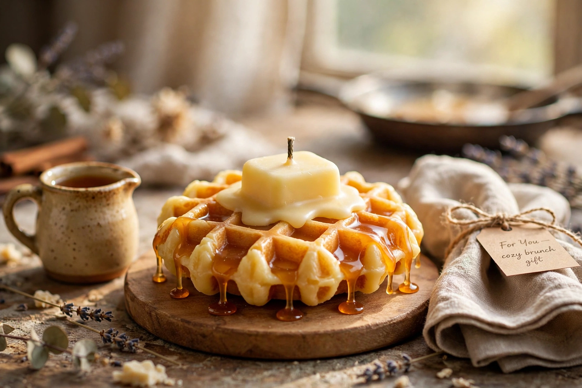 Finished waffle candle presented on a small round wooden serving board with rustic brunch props in the background