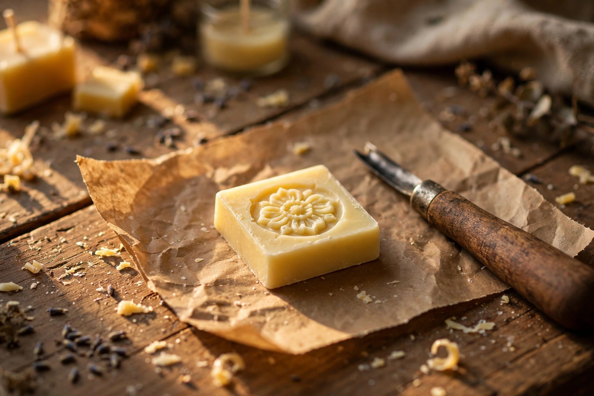 Small pale-yellow square wax butter-pat embed on parchment paper beside a wax tool