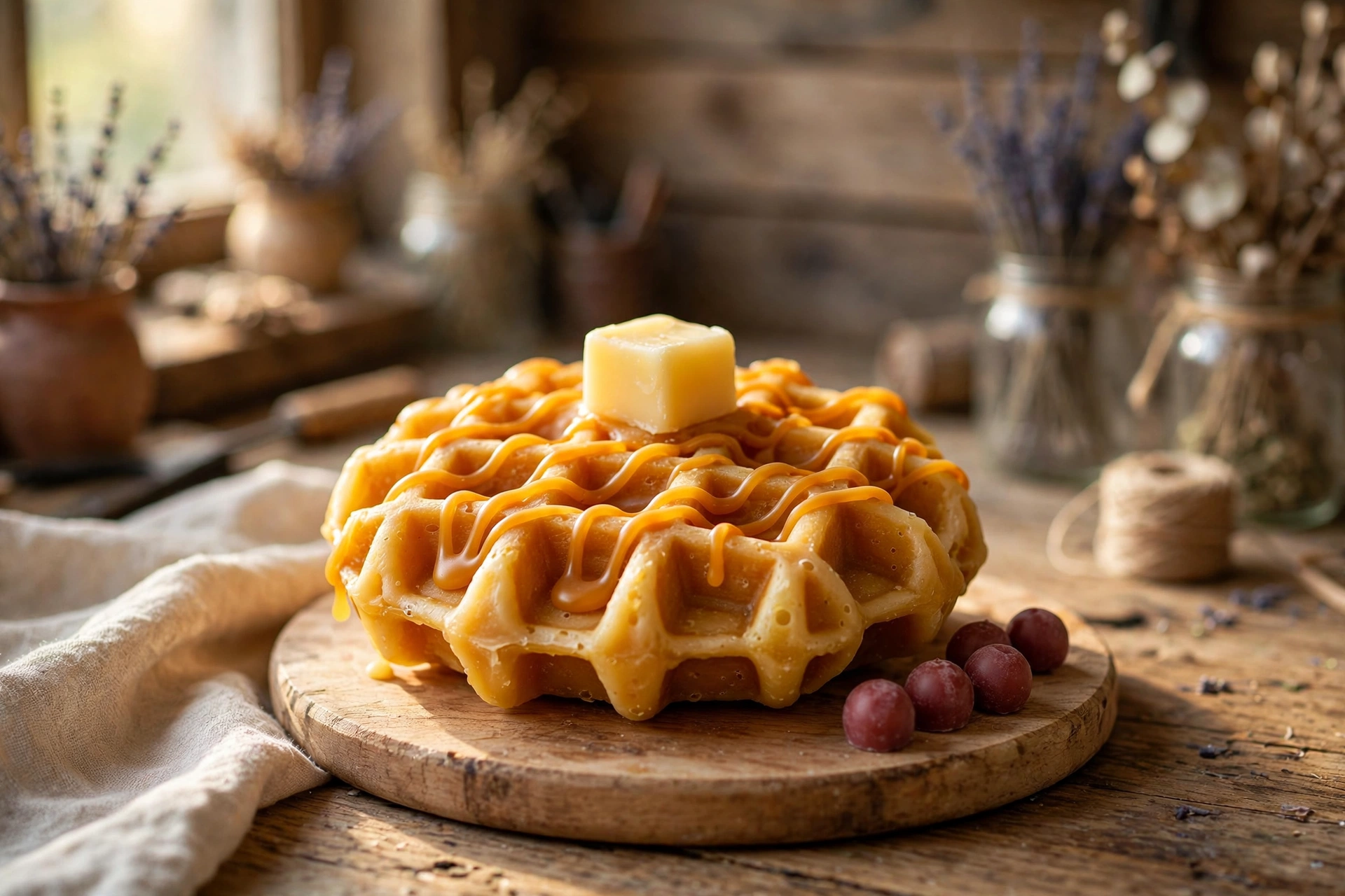 Finished waffle candle with amber syrup drizzle, wax butter pat, and wax berries on a small wooden serving board