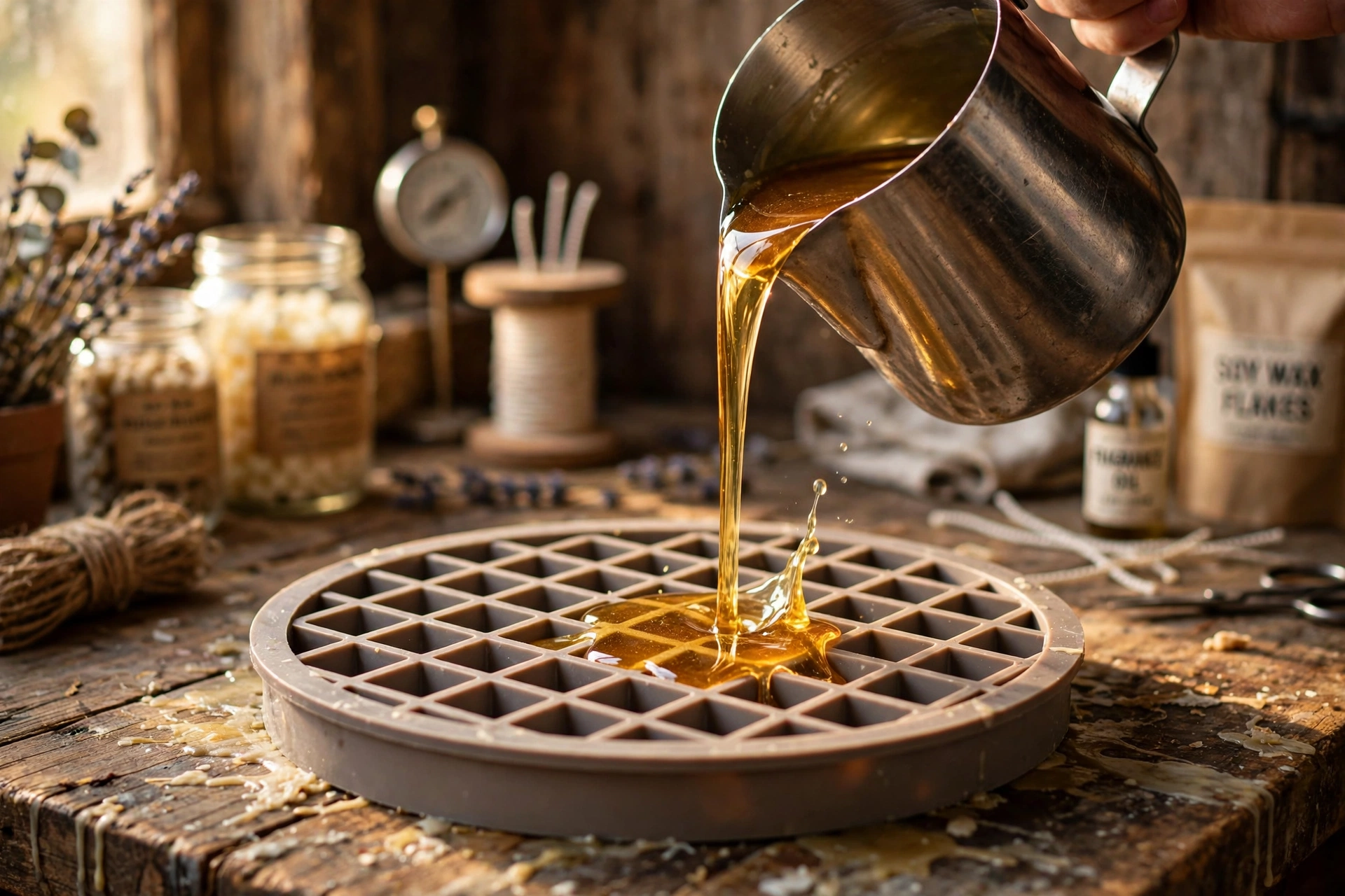 Pouring golden melted wax from a steel pitcher into a round silicone waffle mold