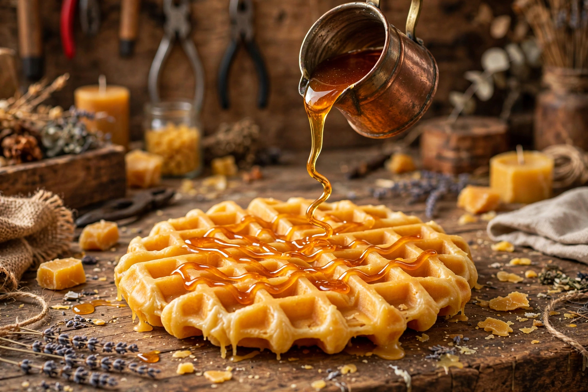 Drizzling warm amber melted wax in zigzag lines over a golden wax waffle