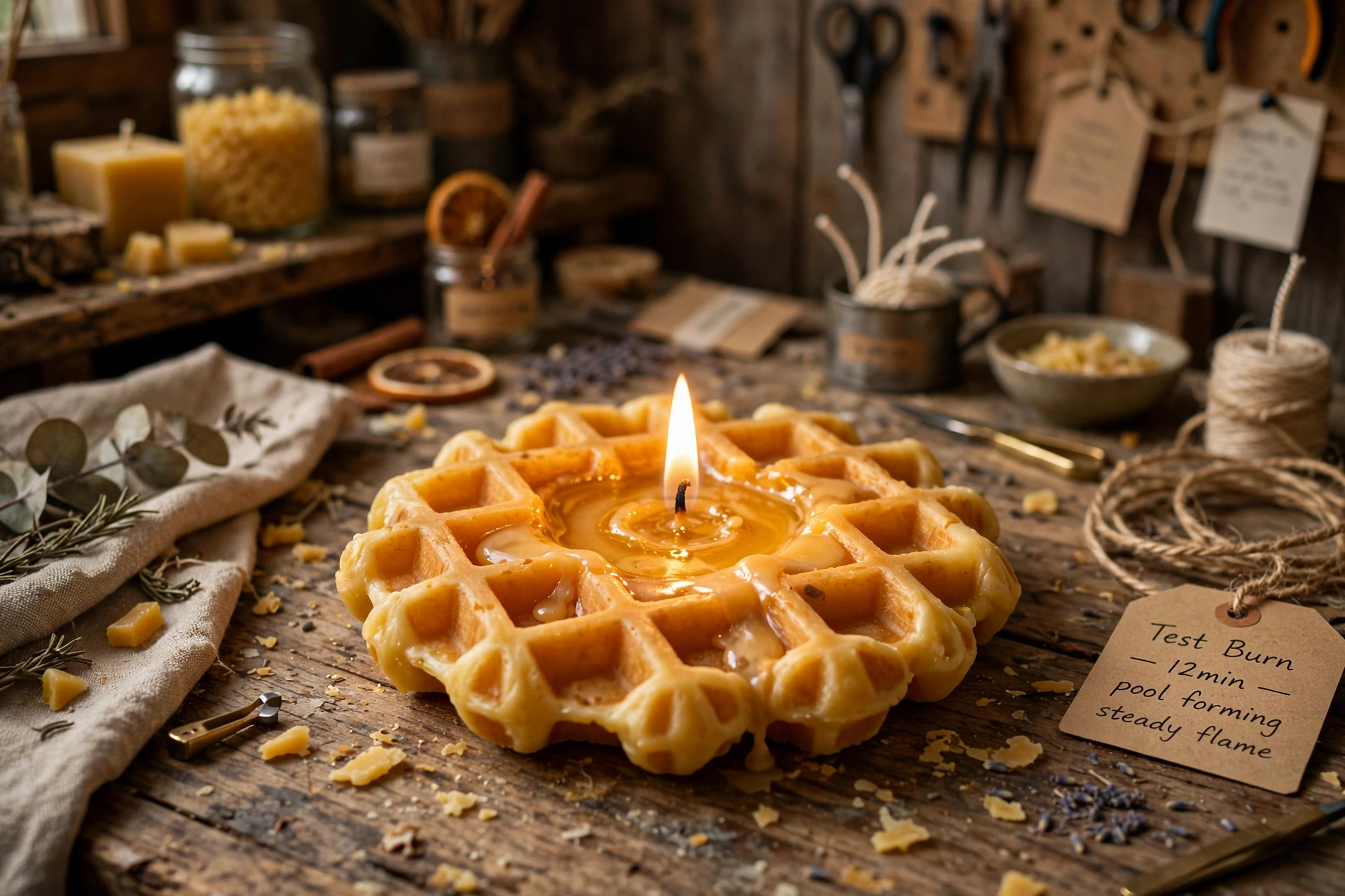 Lit waffle candle during a test burn with a steady flame and visible melt pool
