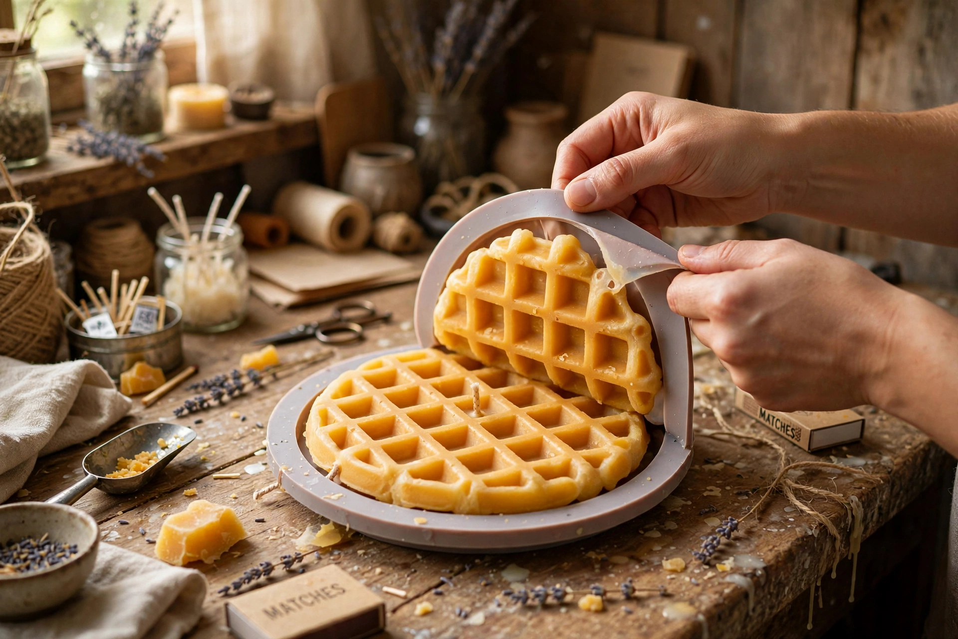 Hands flexing a silicone waffle mold to release a golden wax waffle with crisp grid texture