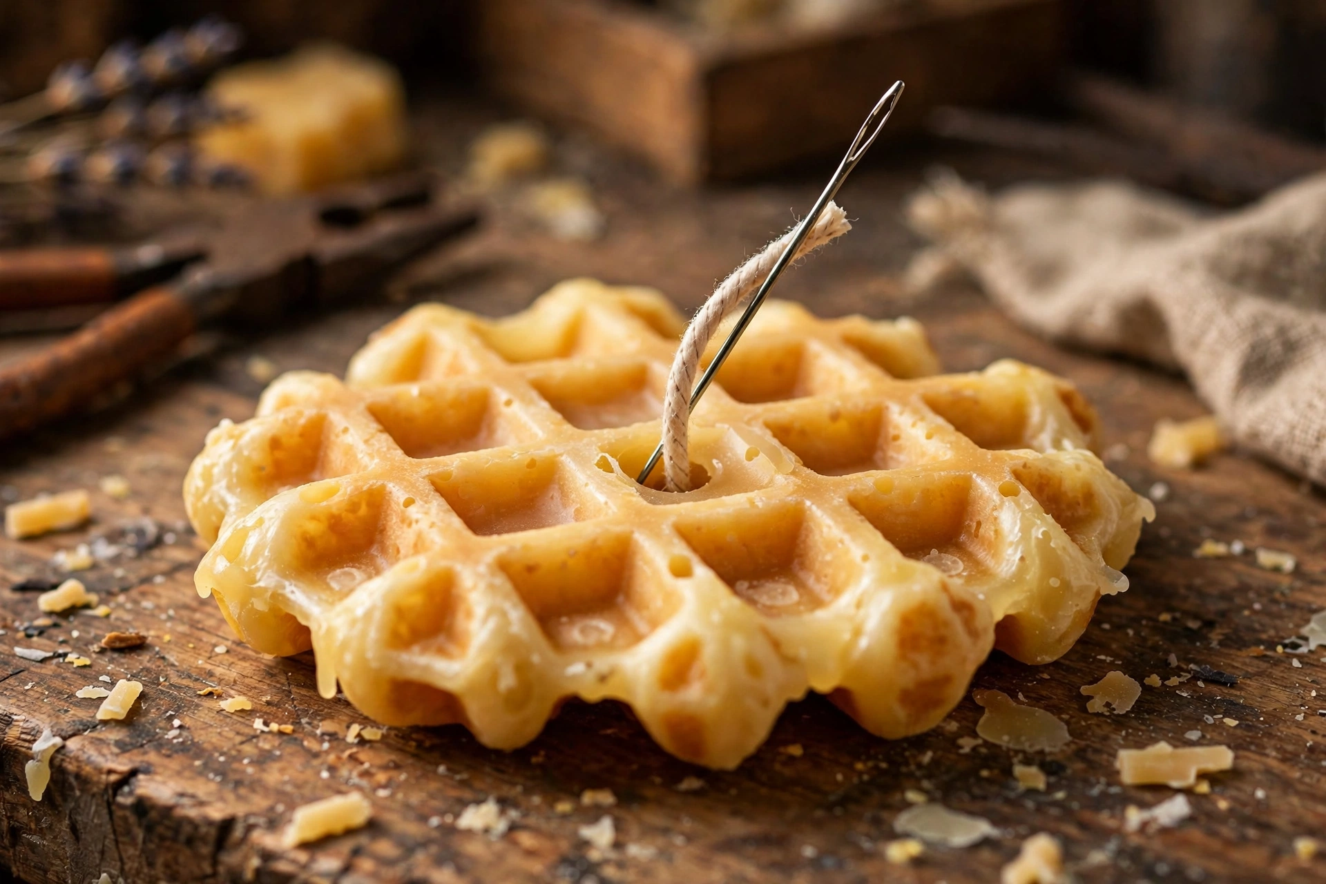 Threading a cotton wick through the center of a cooled wax waffle with a wick needle
