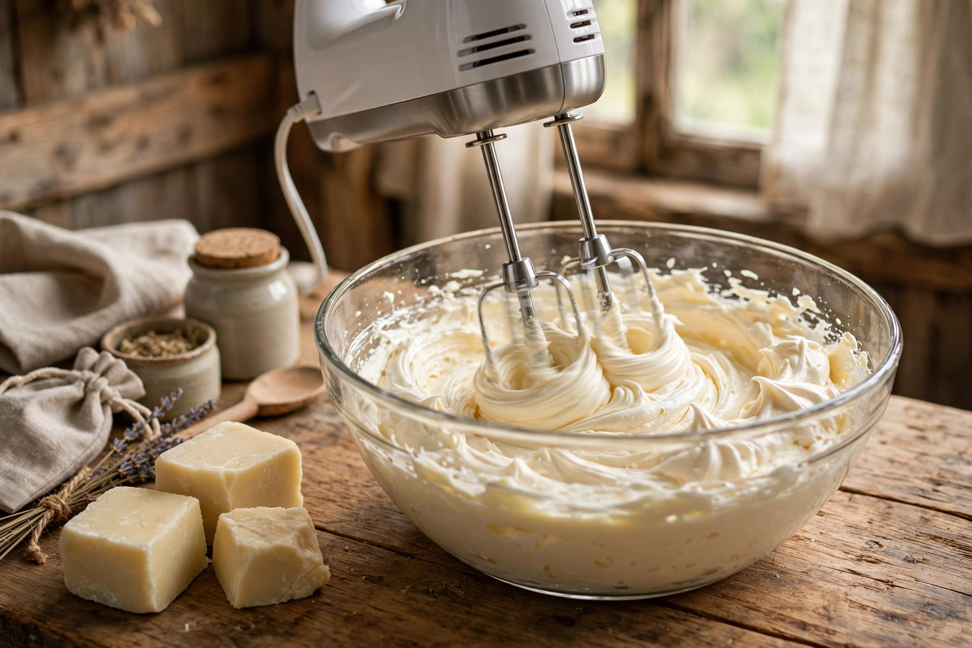 A hand mixer whipping pale body butter into fluffy peaks in a glass bowl