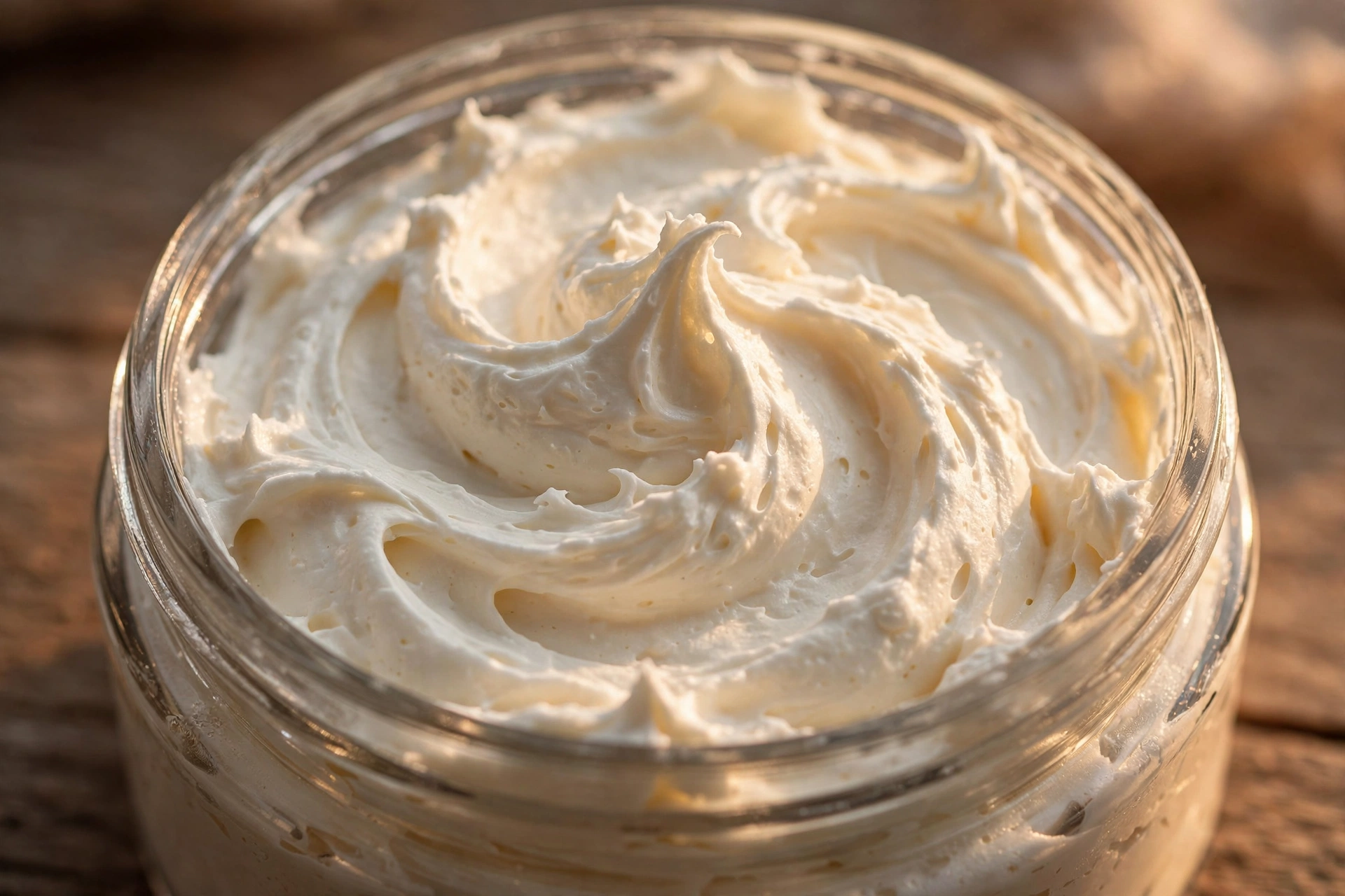 Close-up of swirled, frosting-like whipped body butter in an open glass jar