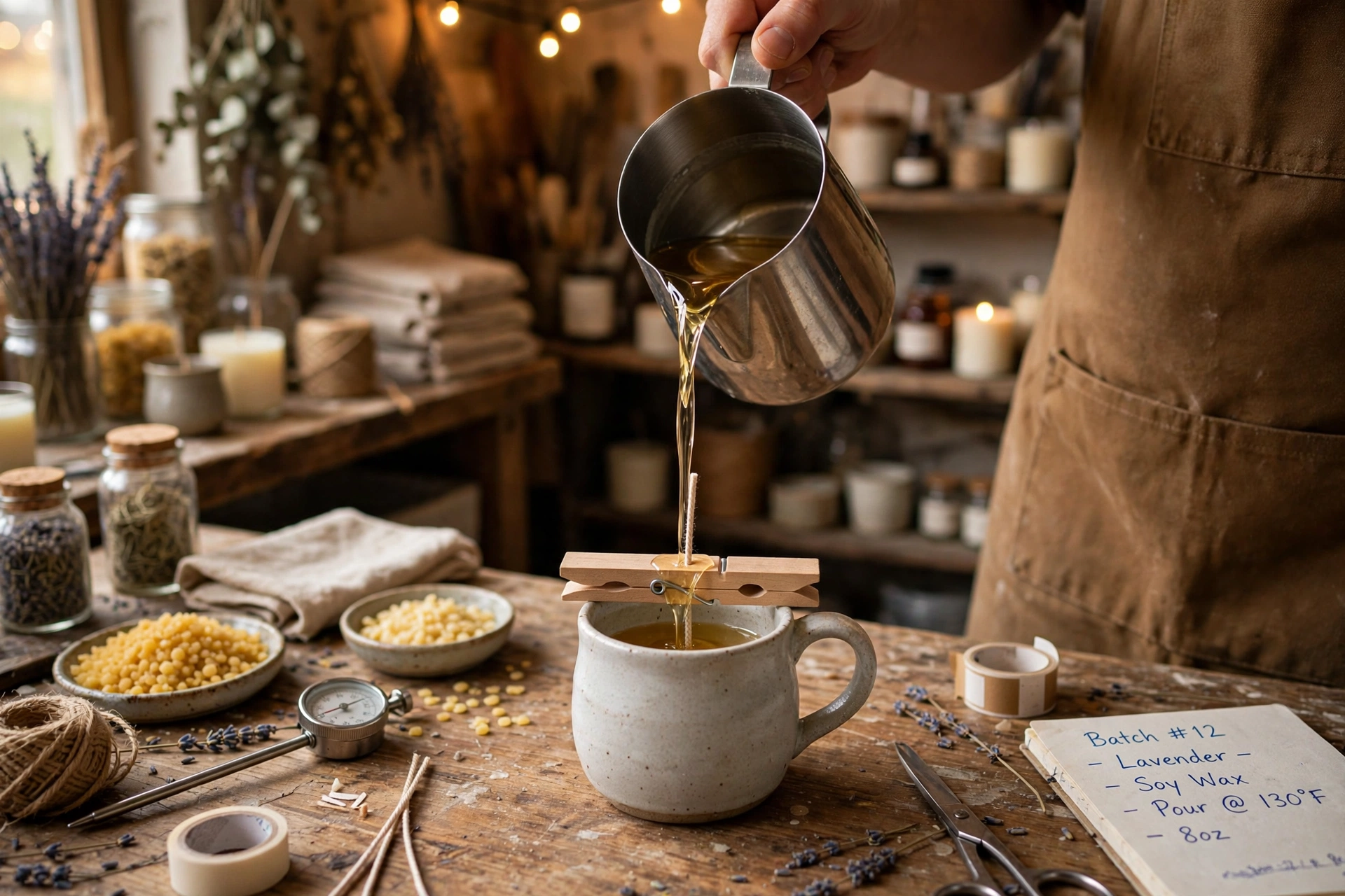 Pouring melted wax into a ceramic mug with a centered wick