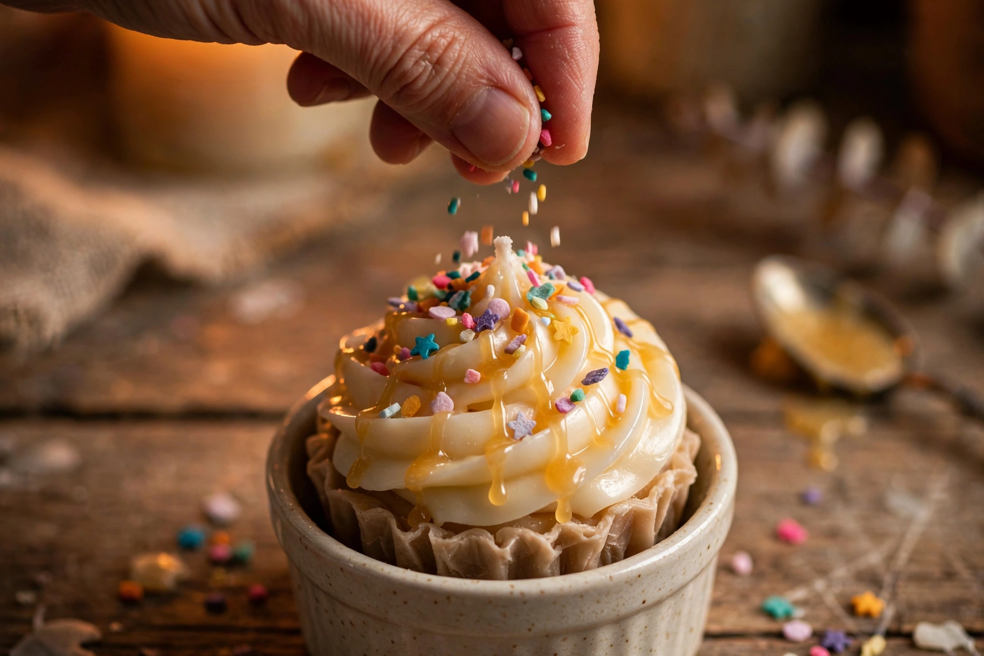 Sprinkling tiny wax decorations over a piped frosting swirl