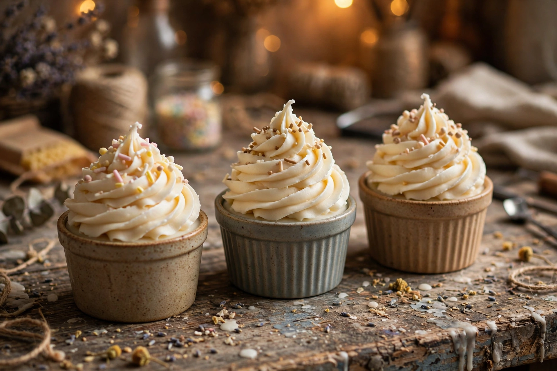 Three finished cupcake-shaped candles with piped wax frosting swirls and wax sprinkles on a rustic workbench