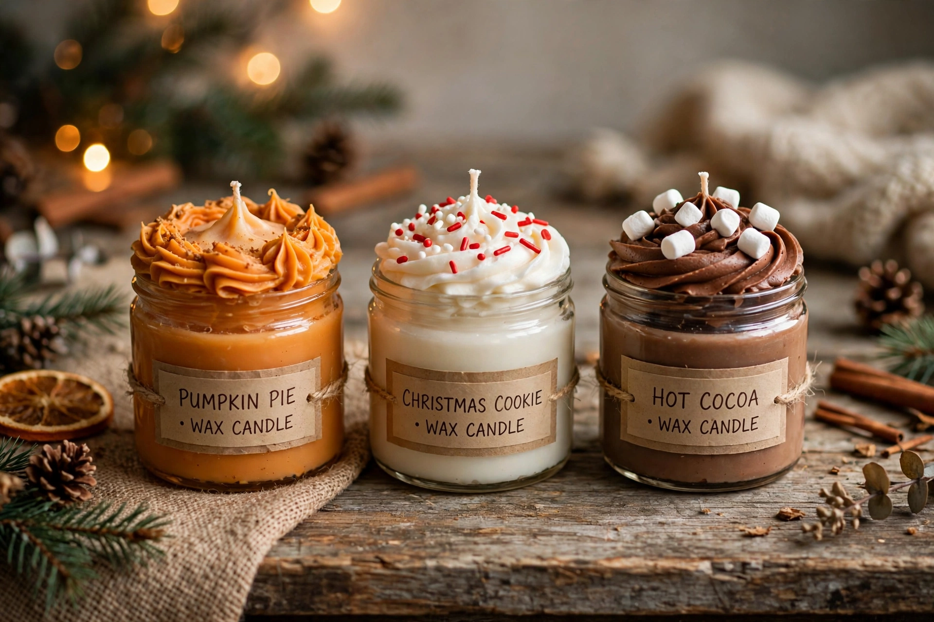 Three holiday dessert candles: pumpkin pie, Christmas cookie, and hot cocoa variations
