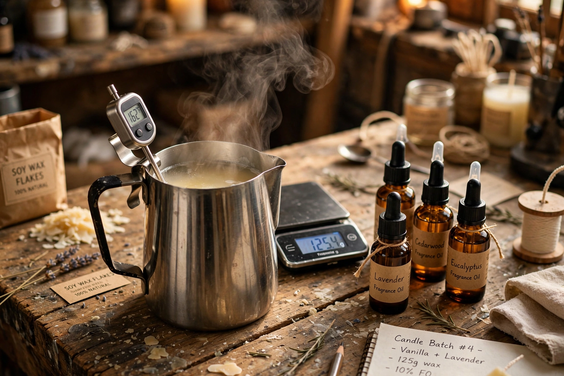 Pitcher of melted wax with a thermometer, cooling on a workbench