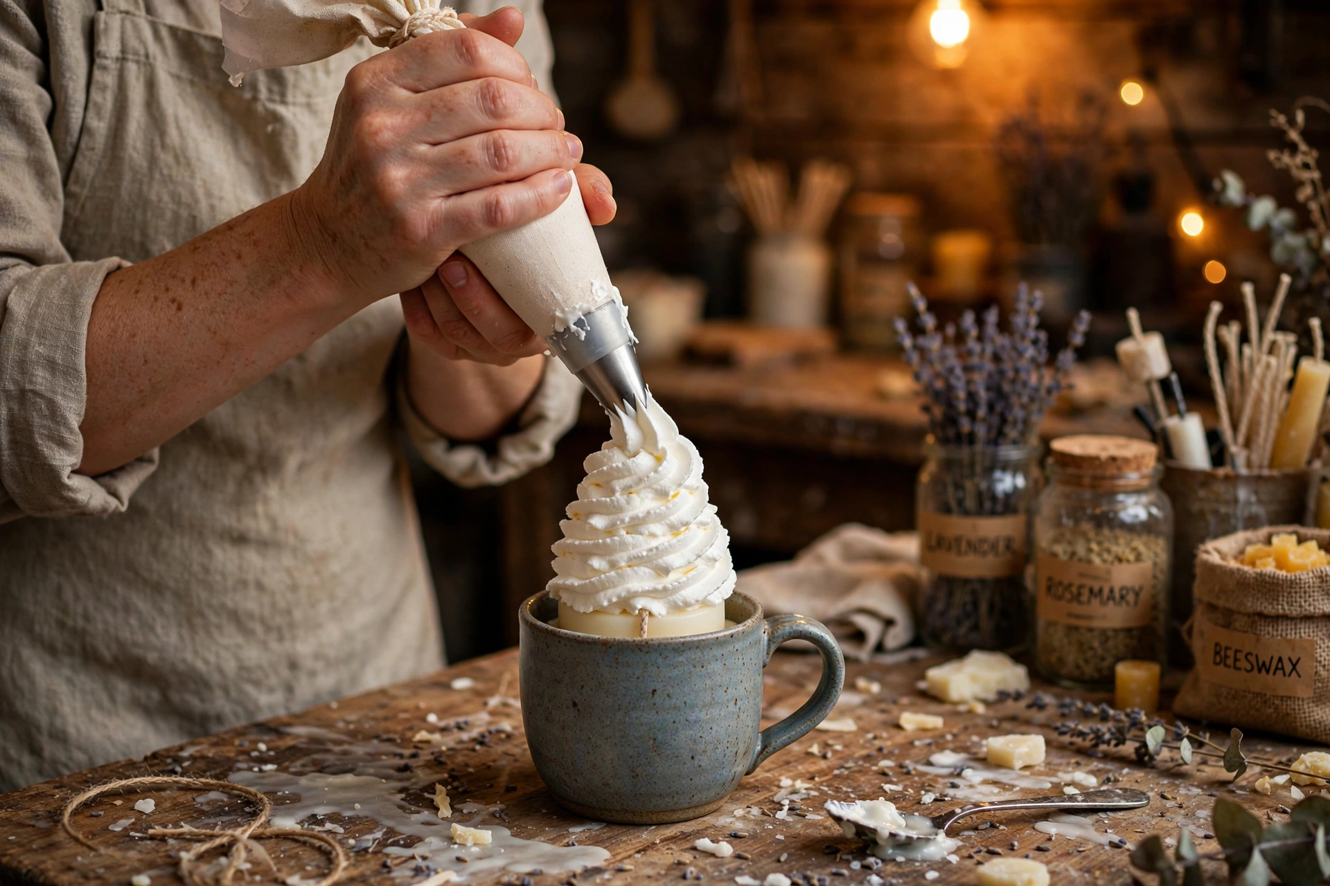 Piping a tall swirl of whipped wax onto a set candle in a mug