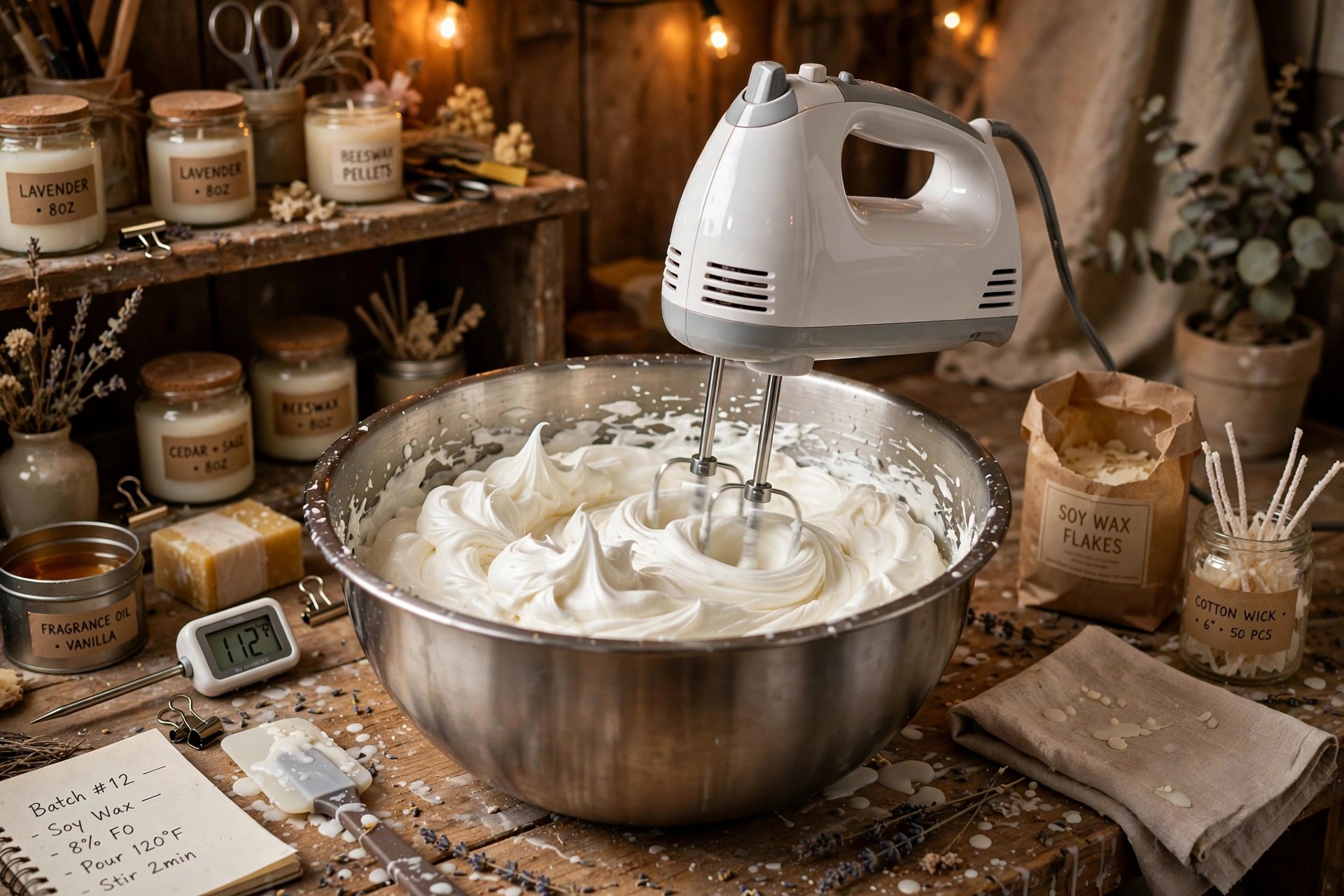 Hand mixer whipping partially-cooled wax into soft peaks in a steel bowl