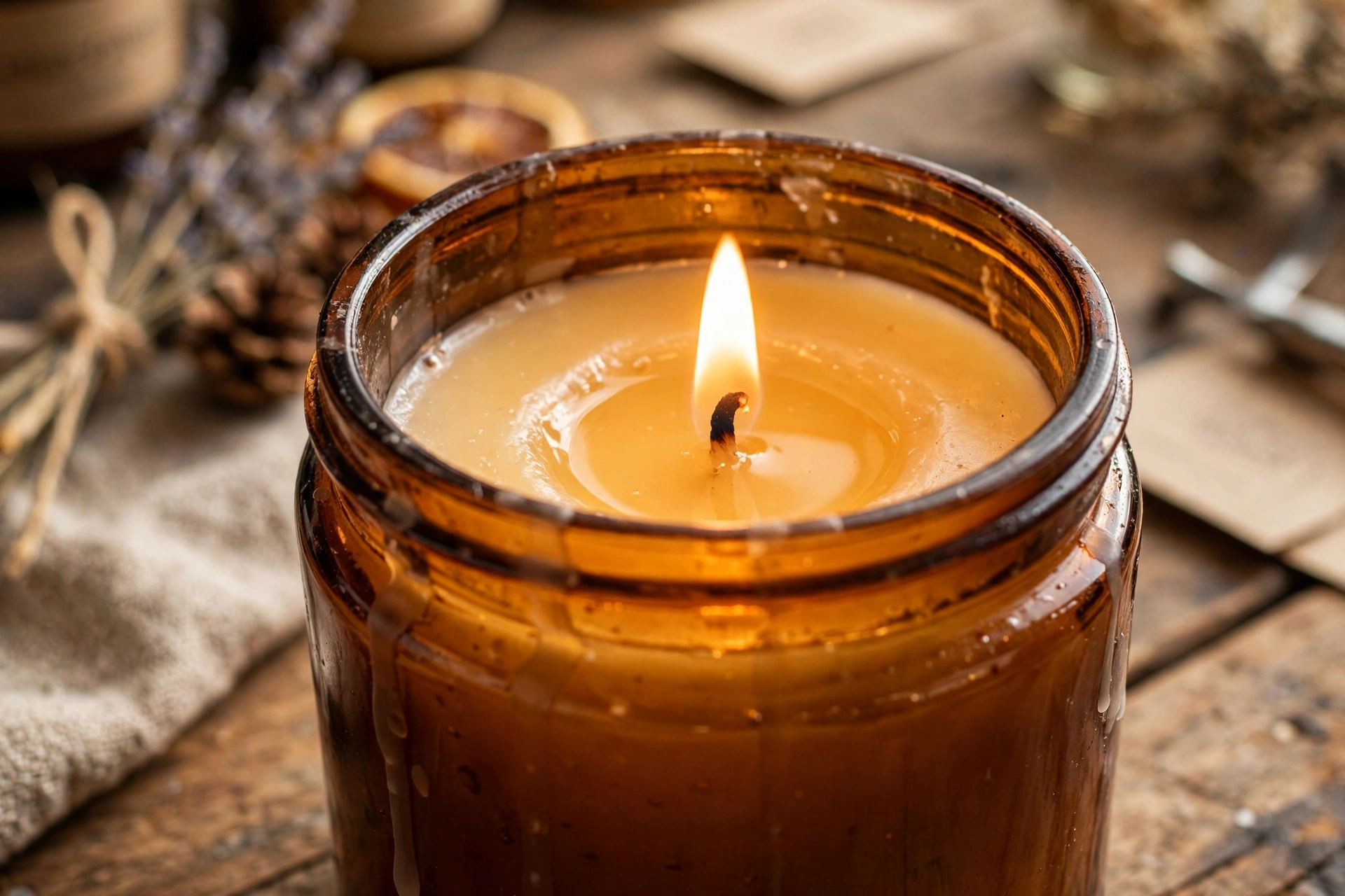 Lit candle with a full melt pool reaching the edges of the jar