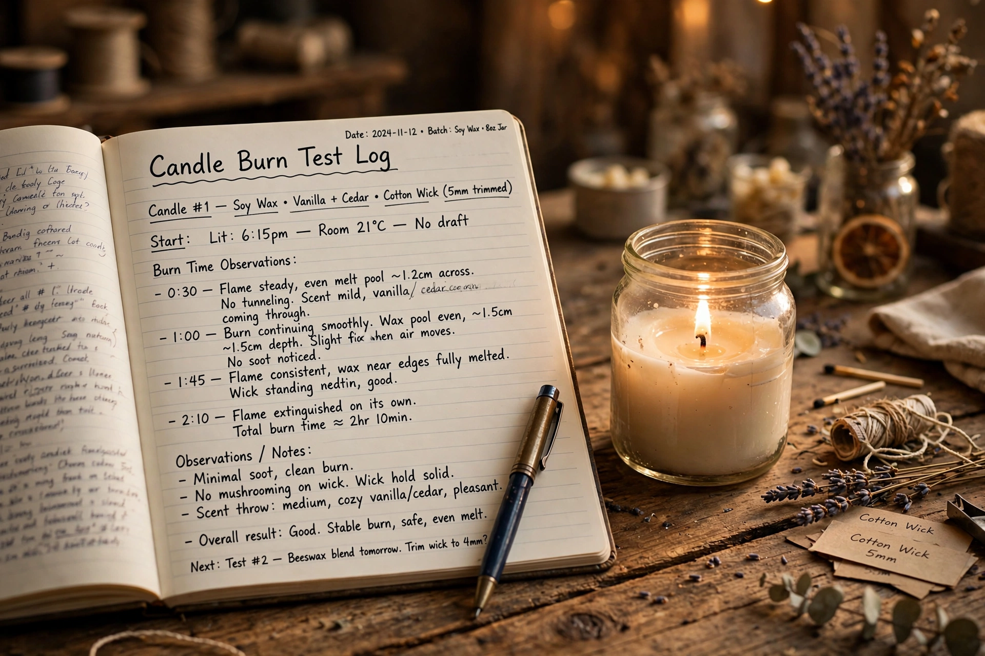 Handwritten burn test log in a notebook beside a lit candle