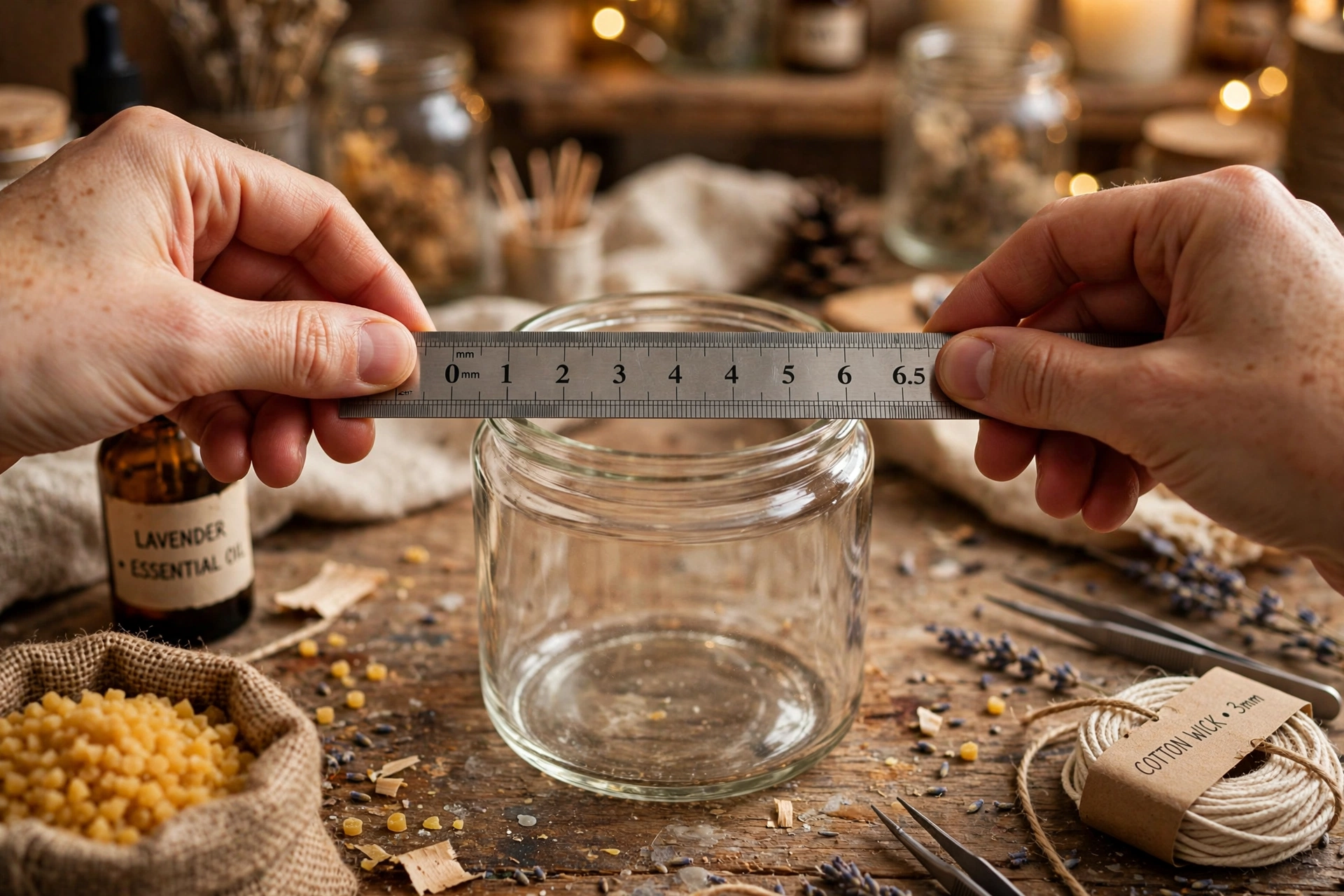 Measuring the inside diameter of a candle jar with a metal ruler