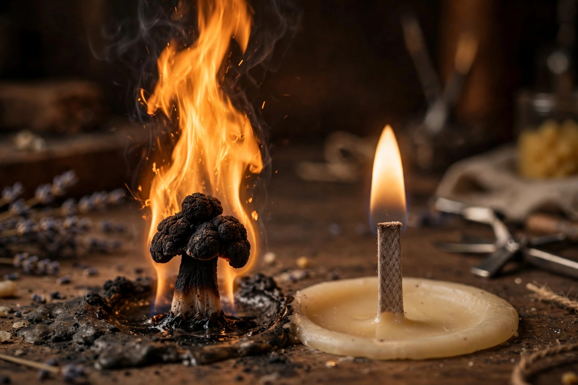 Close-up comparing a mushroomed wick tip with a clean trimmed wick