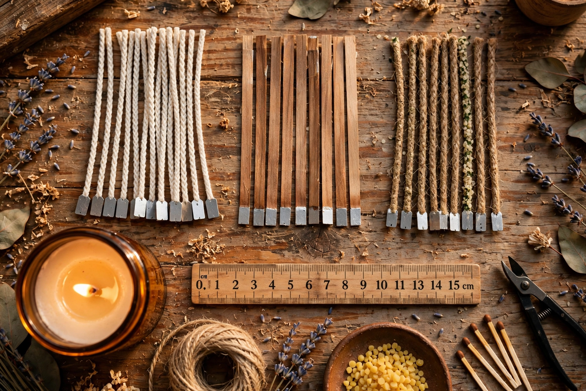Assorted candle wicks — cotton, wood, and hemp — laid out on a rustic workbench beside a lit candle