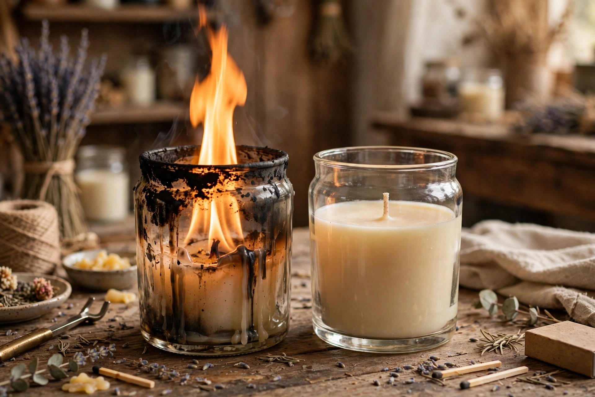 Candle jar with soot marks on the rim next to a clean-burning jar