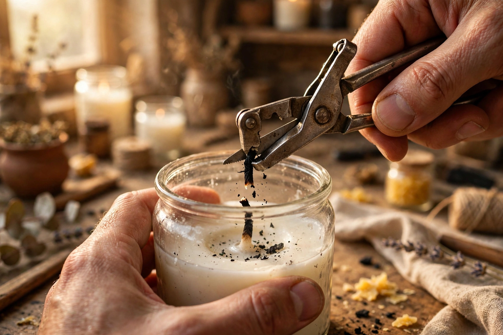 Trimming a candle wick with a wick trimmer before lighting